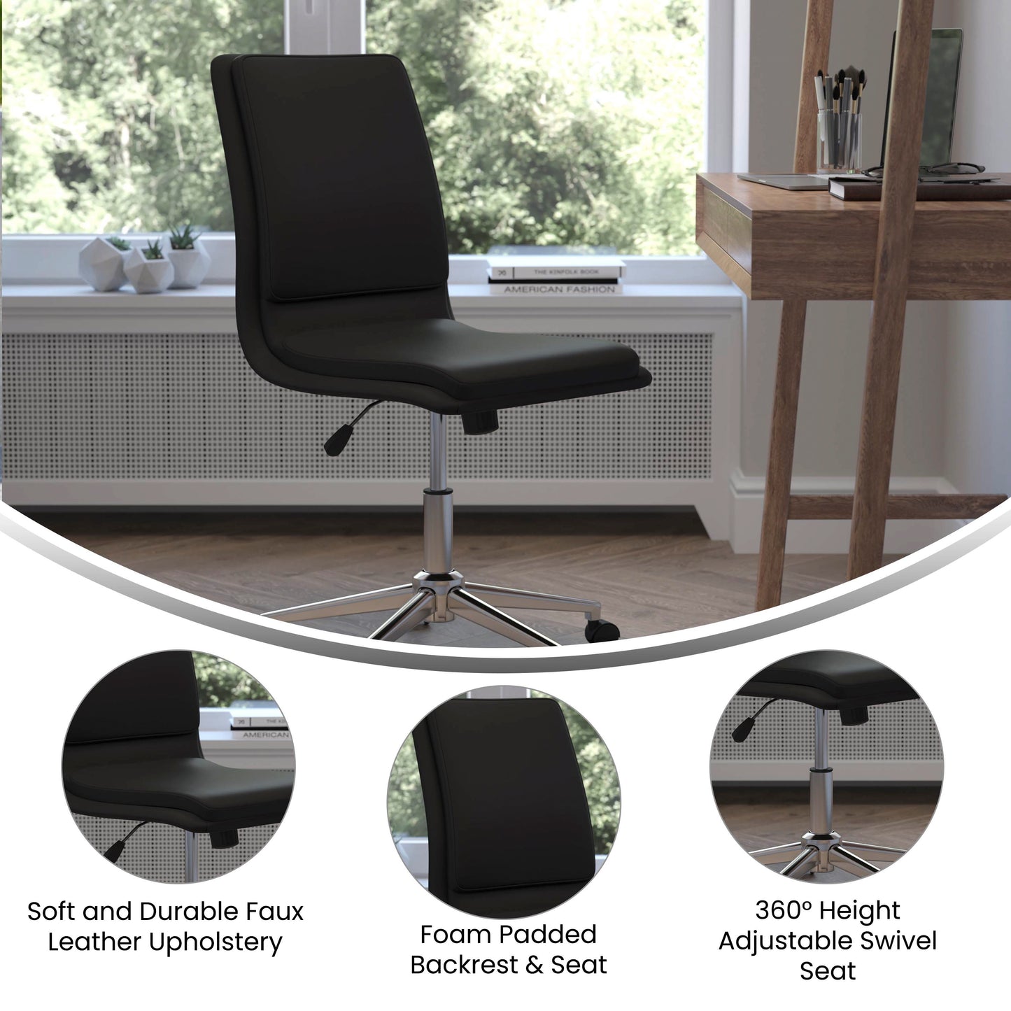 Madigan Mid-Back Armless Swivel Task Office Chair with LeatherSoft and Adjustable Chrome Base, Black Black