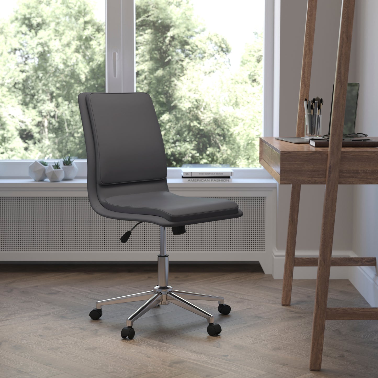 Madigan Mid-Back Armless Swivel Task Office Chair with LeatherSoft and Adjustable Chrome Base, Gray Gray