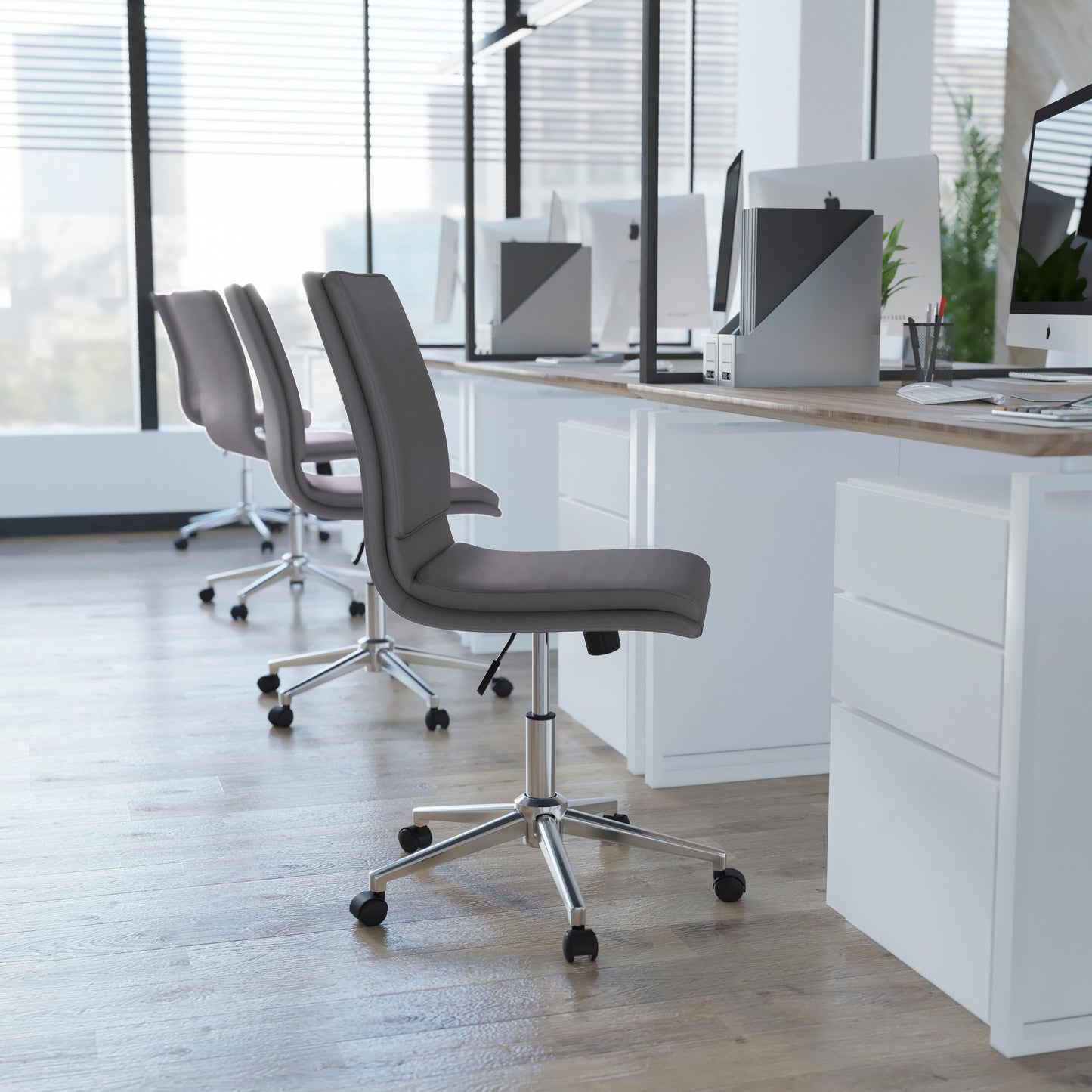 Madigan Mid-Back Armless Swivel Task Office Chair with LeatherSoft and Adjustable Chrome Base, Gray Gray