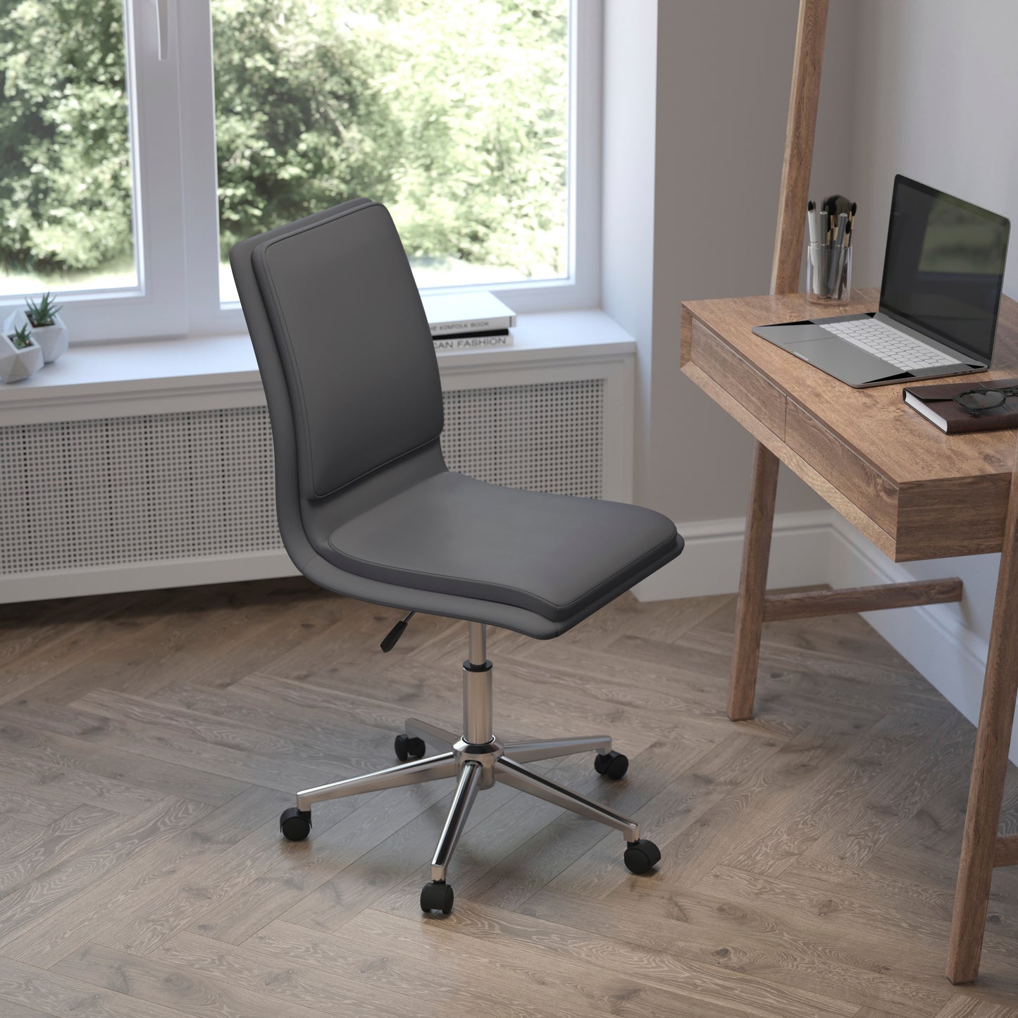 Madigan Mid-Back Armless Swivel Task Office Chair with LeatherSoft and Adjustable Chrome Base, Gray Gray