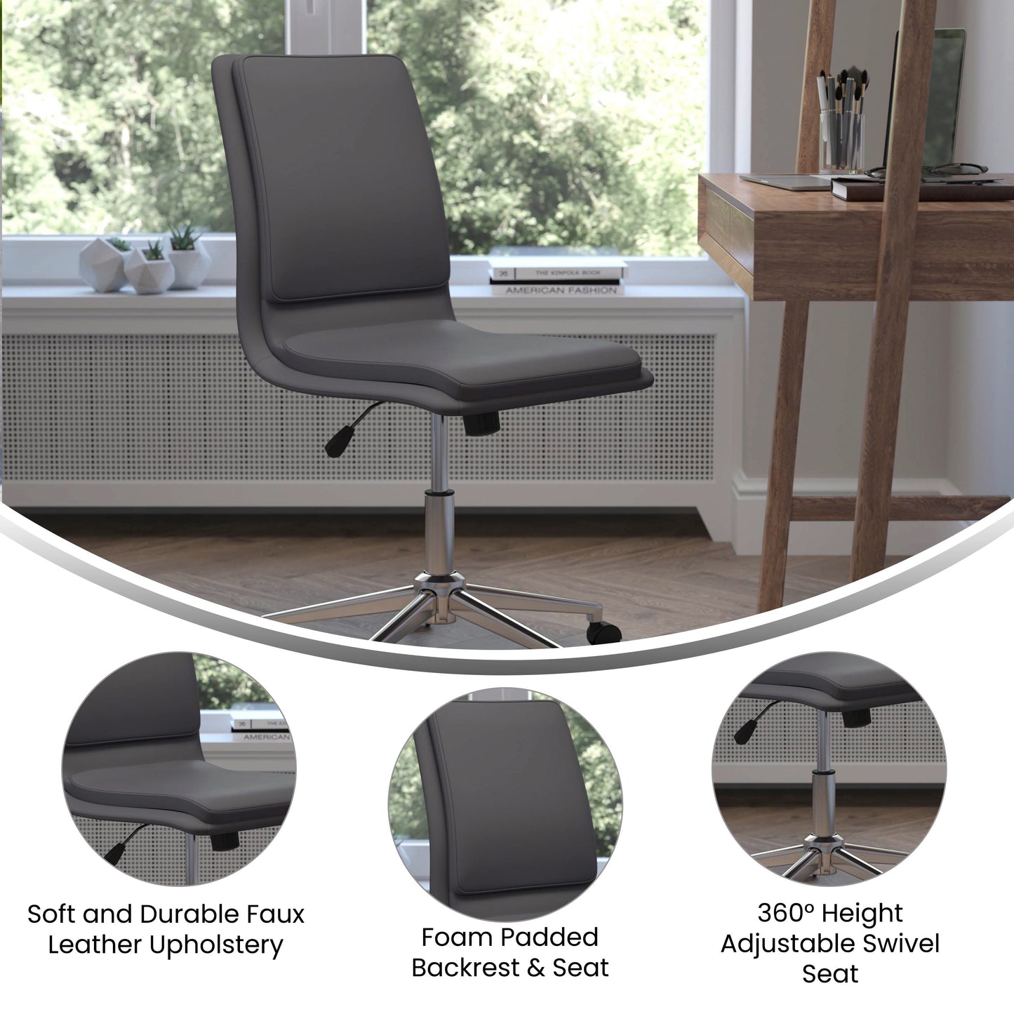 Madigan Mid-Back Armless Swivel Task Office Chair with LeatherSoft and Adjustable Chrome Base, Gray Gray