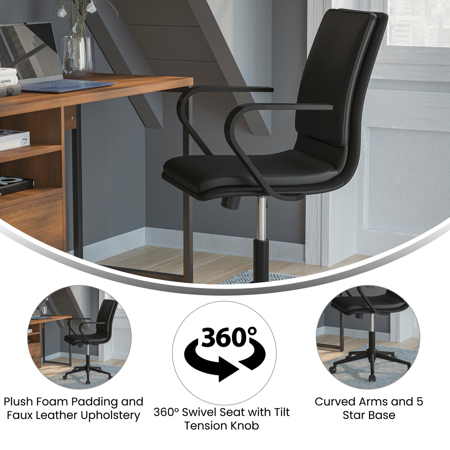 James Mid-Back Designer Executive LeatherSoft Office Chair with Black Base and Arms, Black Black LeatherSoft/Black Frame