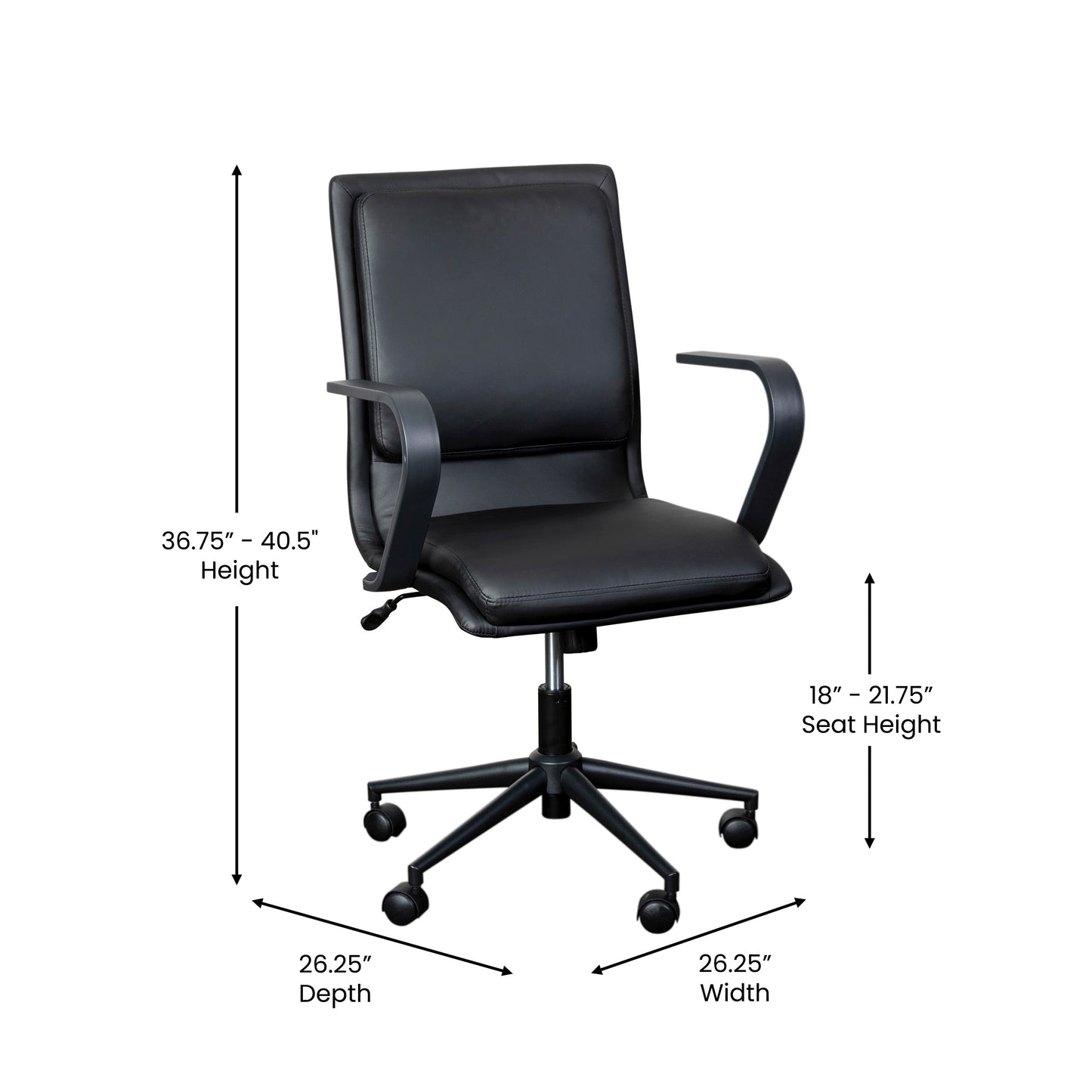 James Mid-Back Designer Executive LeatherSoft Office Chair with Black Base and Arms, Black Black LeatherSoft/Black Frame