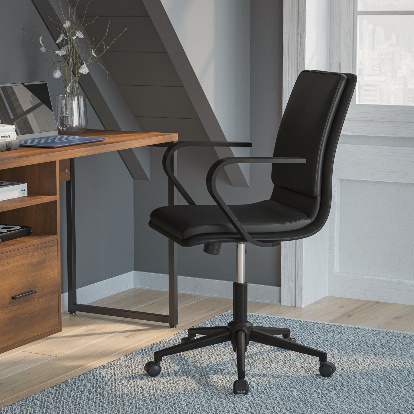 James Mid-Back Designer Executive LeatherSoft Office Chair with Black Base and Arms, Black Black LeatherSoft/Black Frame