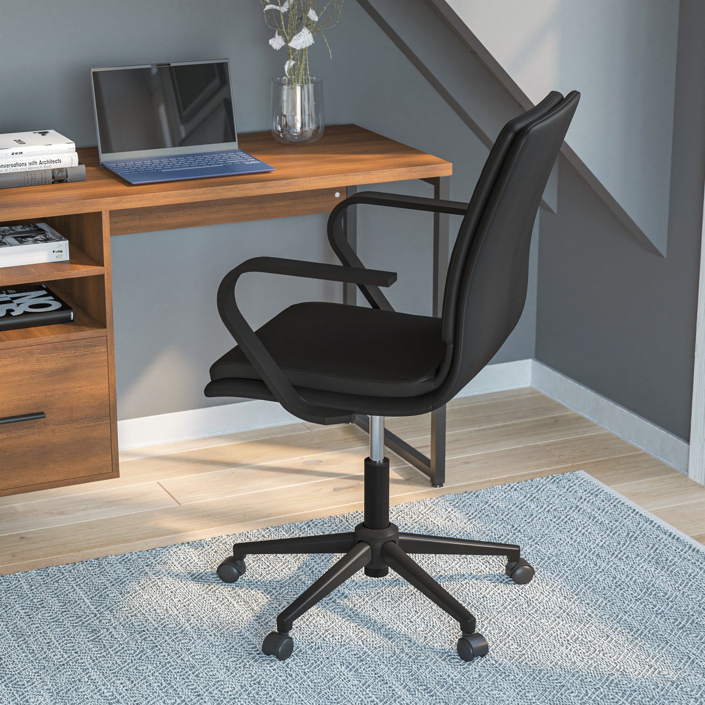 James Mid-Back Designer Executive LeatherSoft Office Chair with Black Base and Arms, Black Black LeatherSoft/Black Frame