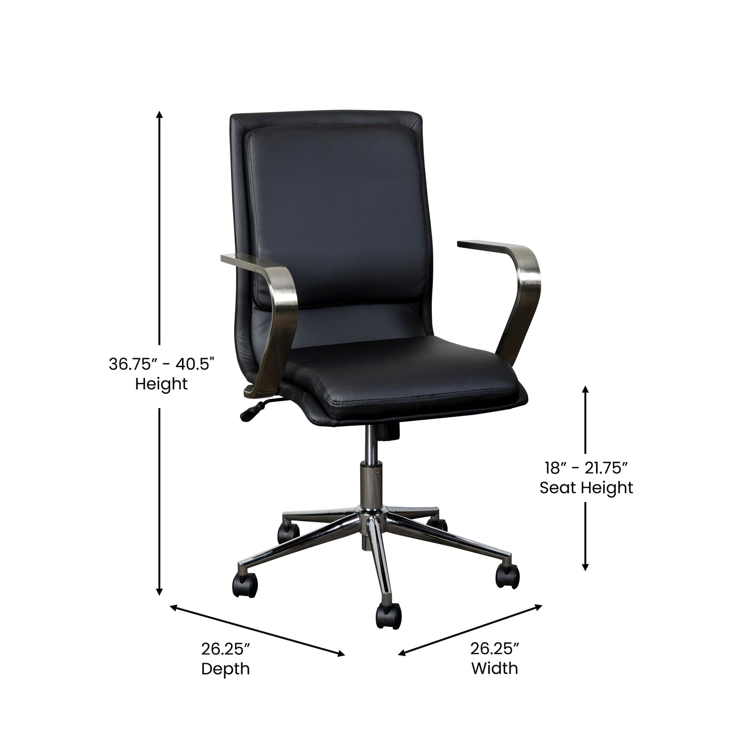 James Mid-Back Designer Executive LeatherSoft Office Chair with Brushed Chrome Base and Arms, Black Black LeatherSoft/Chrome Frame