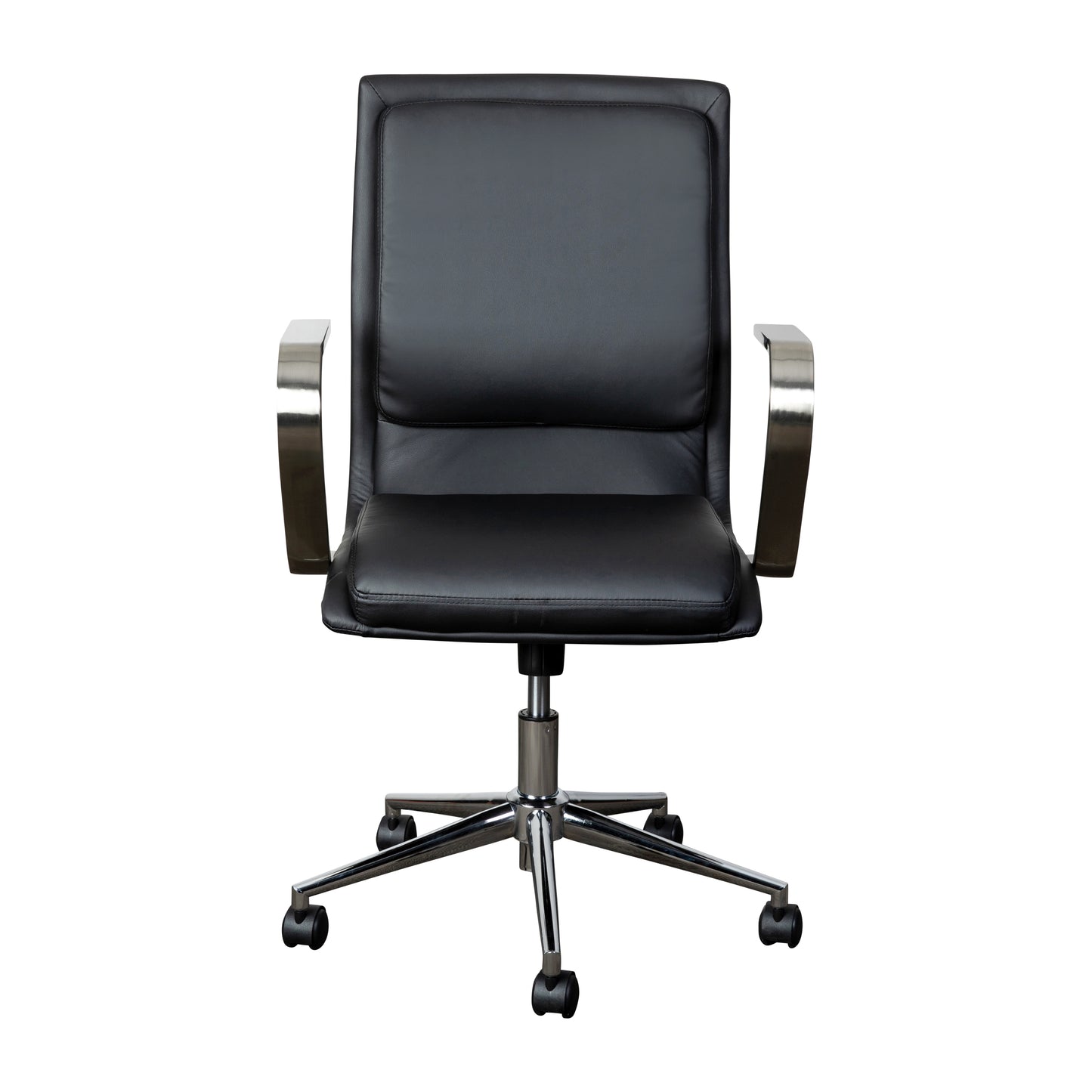 James Mid-Back Designer Executive LeatherSoft Office Chair with Brushed Chrome Base and Arms, Black Black LeatherSoft/Chrome Frame