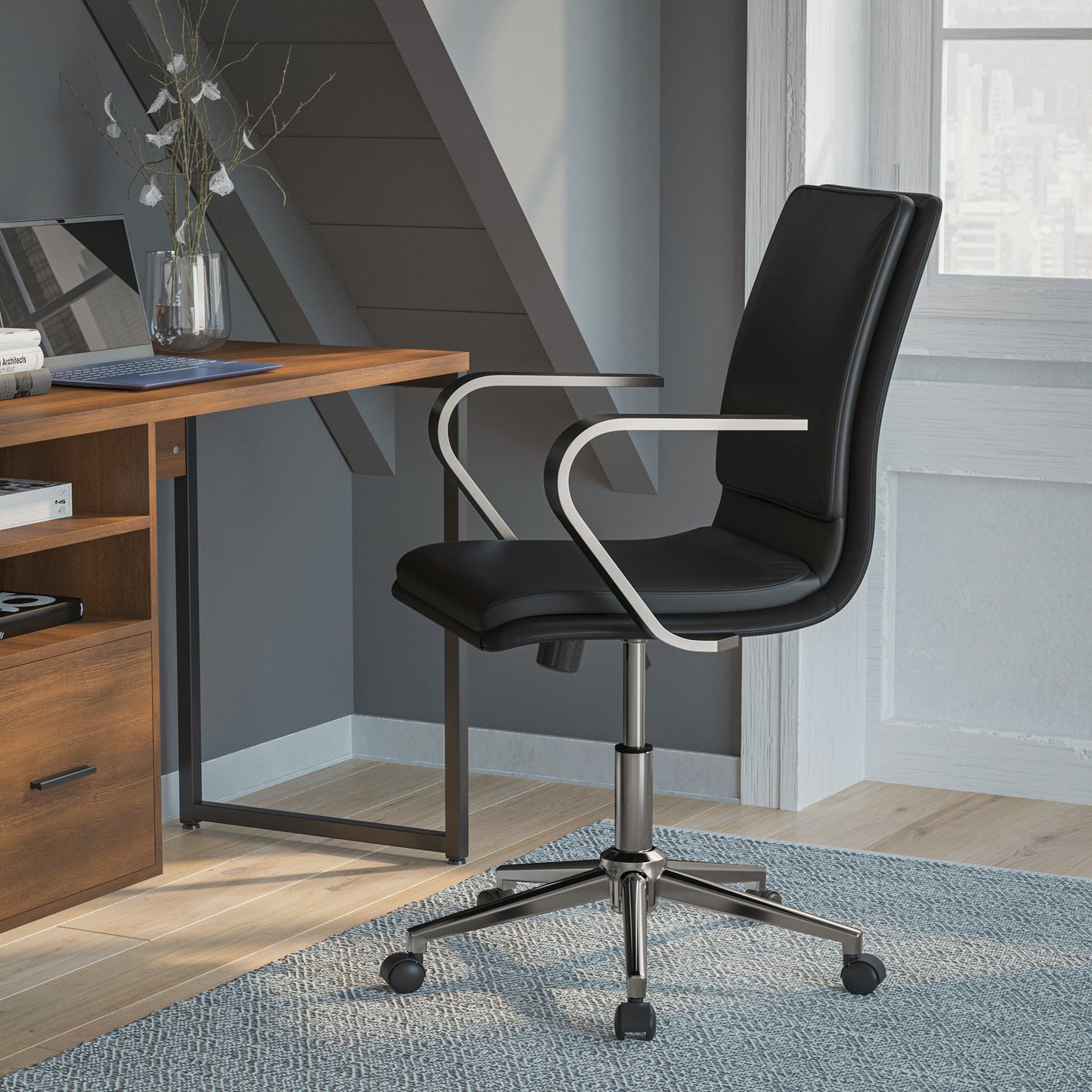 James Mid-Back Designer Executive LeatherSoft Office Chair with Brushed Chrome Base and Arms, Black Black LeatherSoft/Chrome Frame