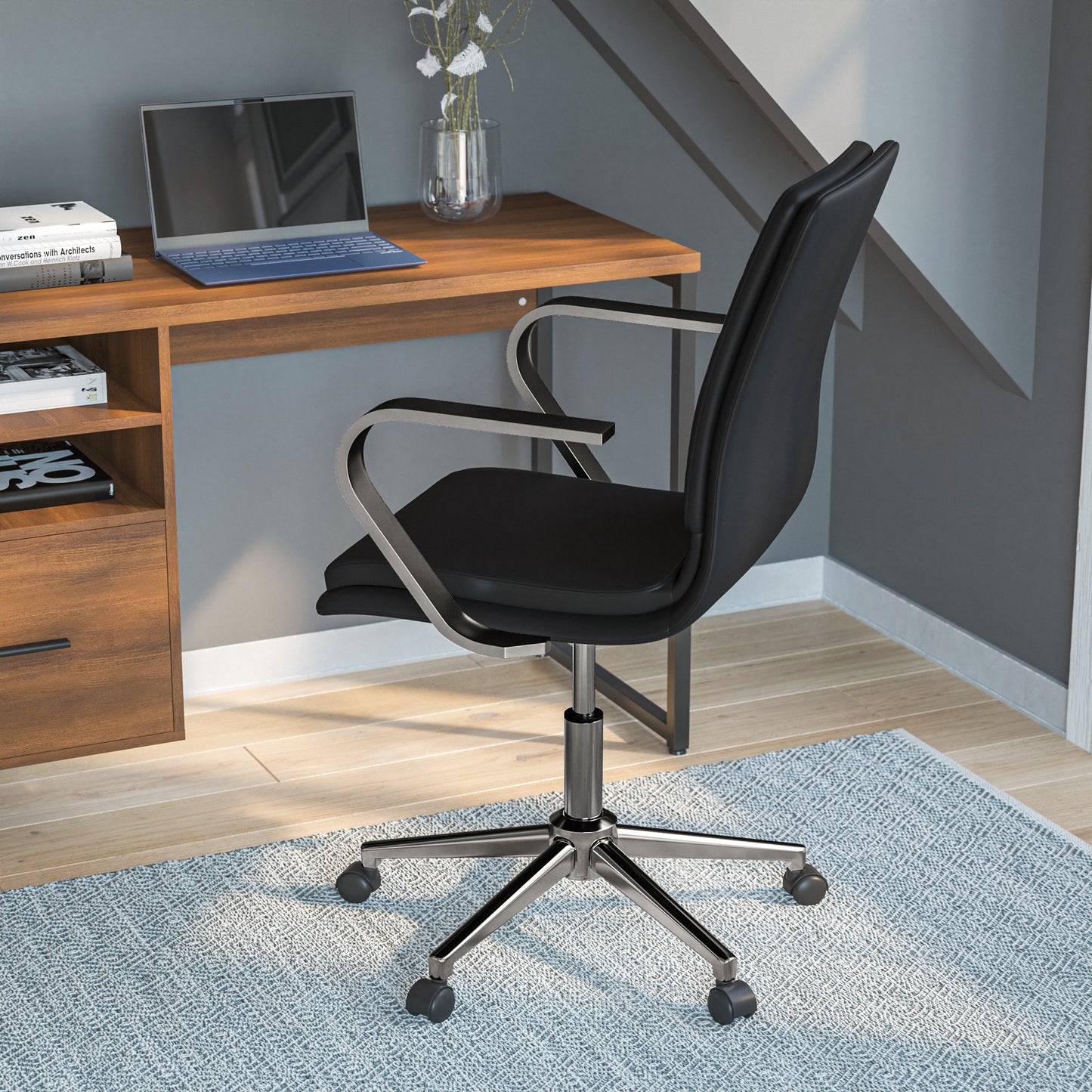 James Mid-Back Designer Executive LeatherSoft Office Chair with Brushed Chrome Base and Arms, Black Black LeatherSoft/Chrome Frame