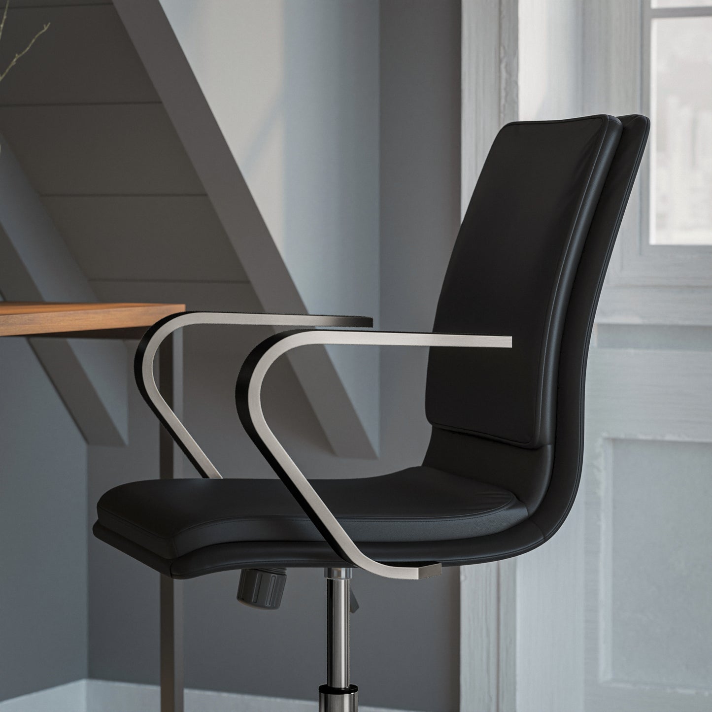James Mid-Back Designer Executive LeatherSoft Office Chair with Brushed Chrome Base and Arms, Black Black LeatherSoft/Chrome Frame