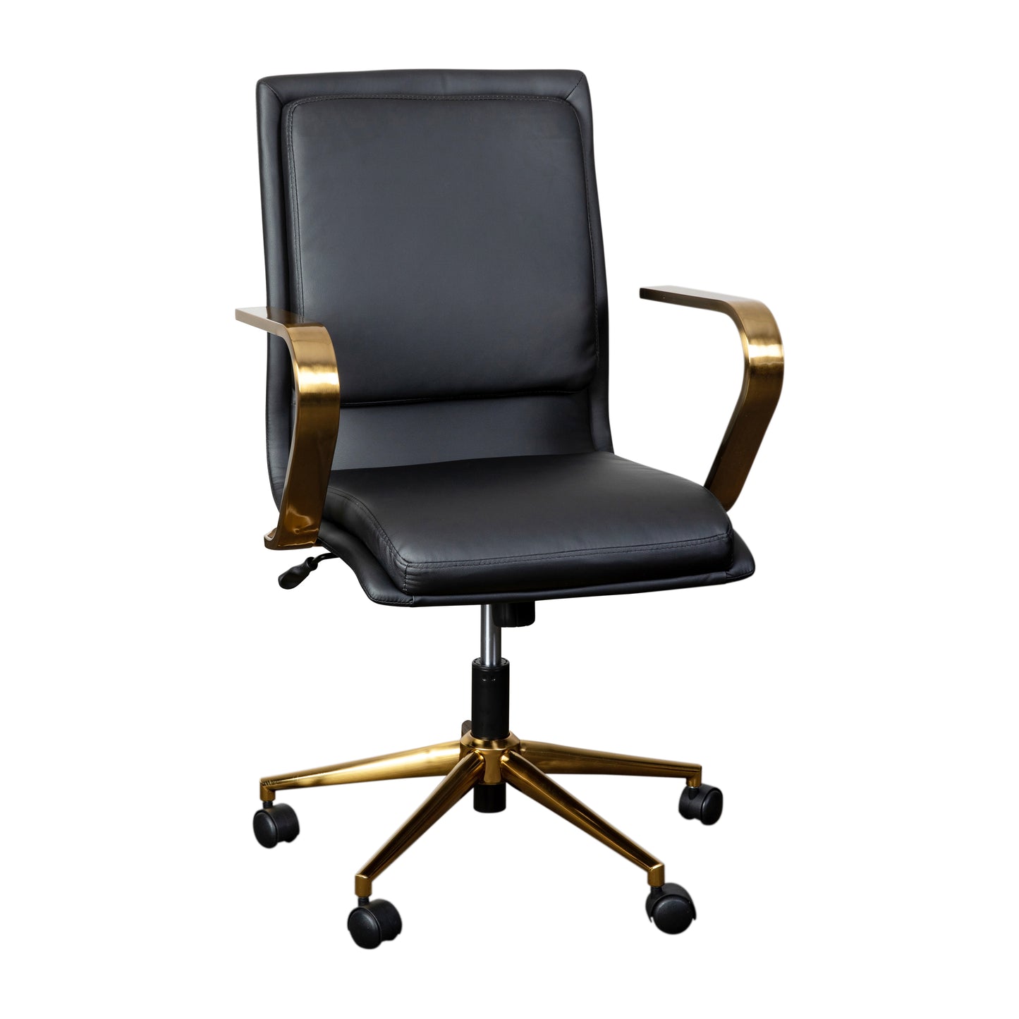James Mid-Back Designer Executive LeatherSoft Office Chair with Brushed Gold Base and Arms, Black Black LeatherSoft/Gold Frame