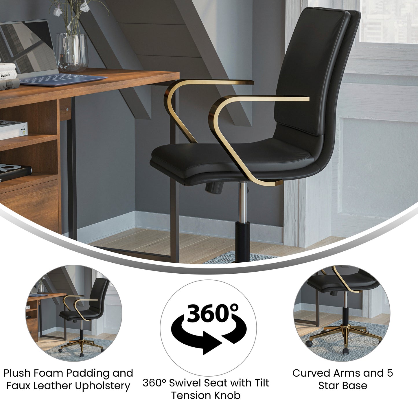 James Mid-Back Designer Executive LeatherSoft Office Chair with Brushed Gold Base and Arms, Black Black LeatherSoft/Gold Frame