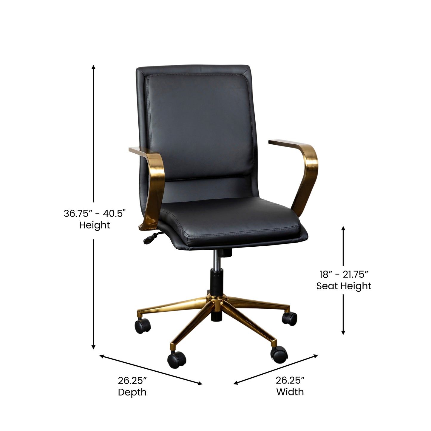 James Mid-Back Designer Executive LeatherSoft Office Chair with Brushed Gold Base and Arms, Black Black LeatherSoft/Gold Frame