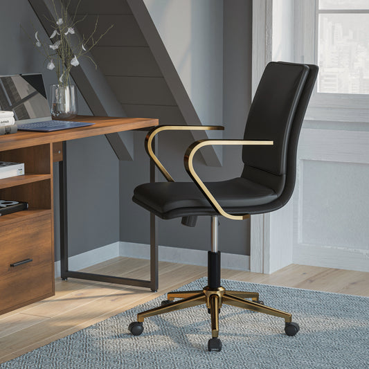 James Mid-Back Designer Executive LeatherSoft Office Chair with Brushed Gold Base and Arms, Black Black LeatherSoft/Gold Frame GO-21111B-BK-GLD-GG