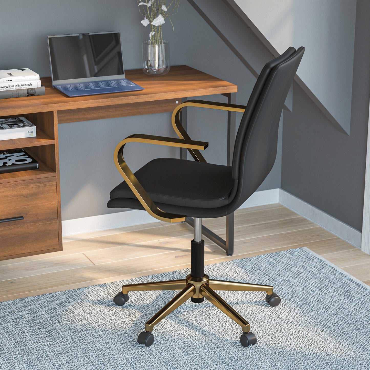 James Mid-Back Designer Executive LeatherSoft Office Chair with Brushed Gold Base and Arms, Black Black LeatherSoft/Gold Frame