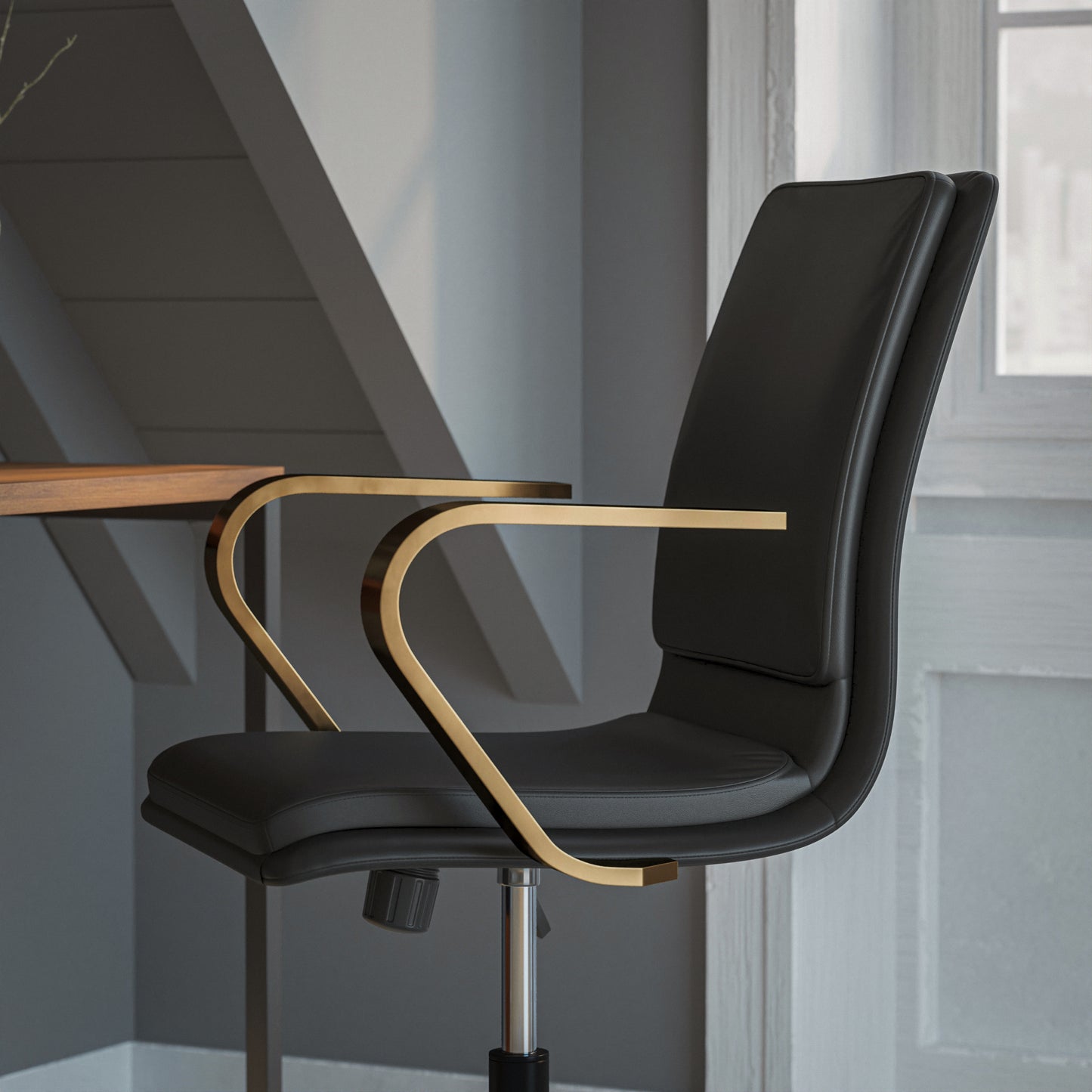 James Mid-Back Designer Executive LeatherSoft Office Chair with Brushed Gold Base and Arms, Black Black LeatherSoft/Gold Frame