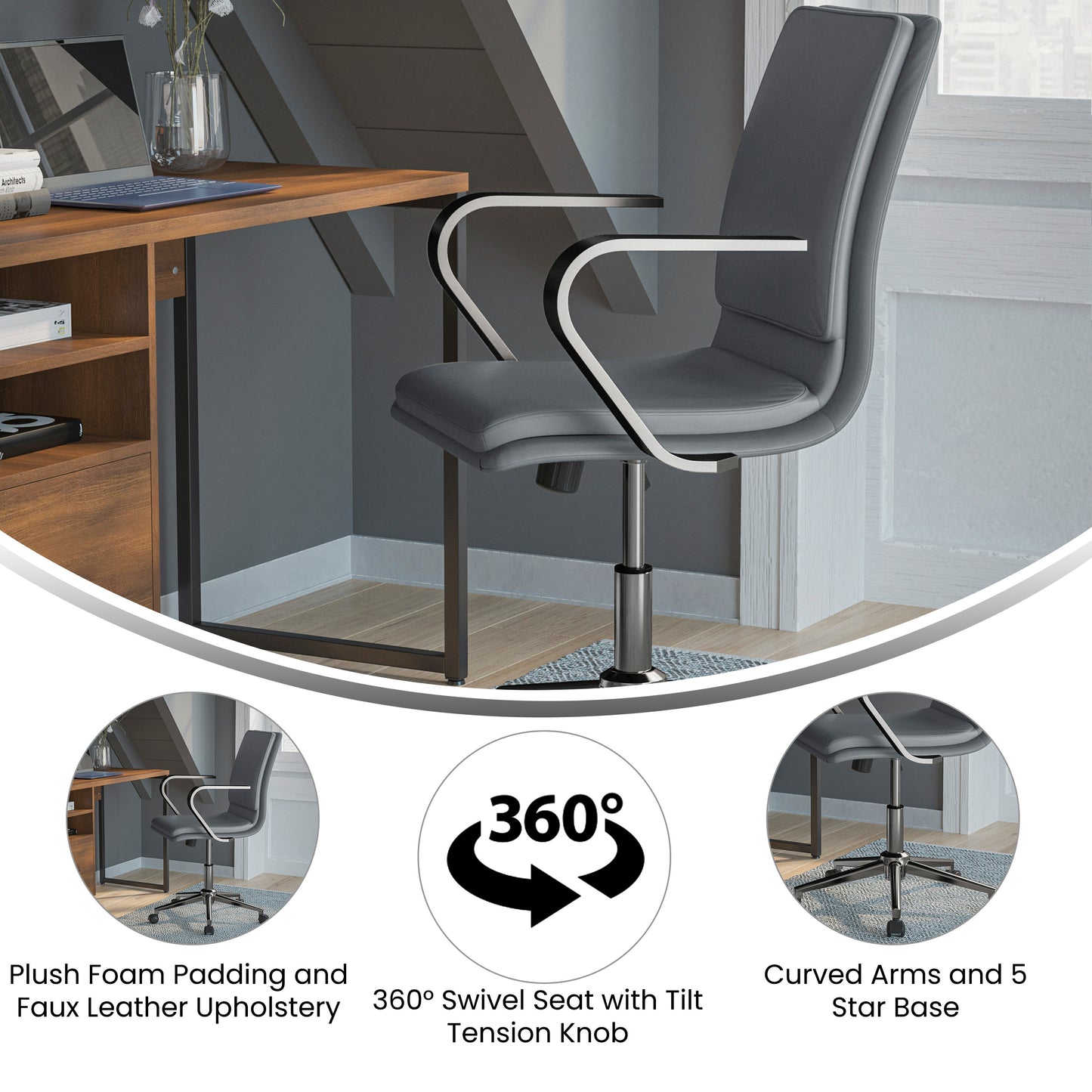 James Mid-Back Designer Executive LeatherSoft Office Chair with Brushed Chrome Base and Arms, Gray Gray LeatherSoft/Chrome Frame