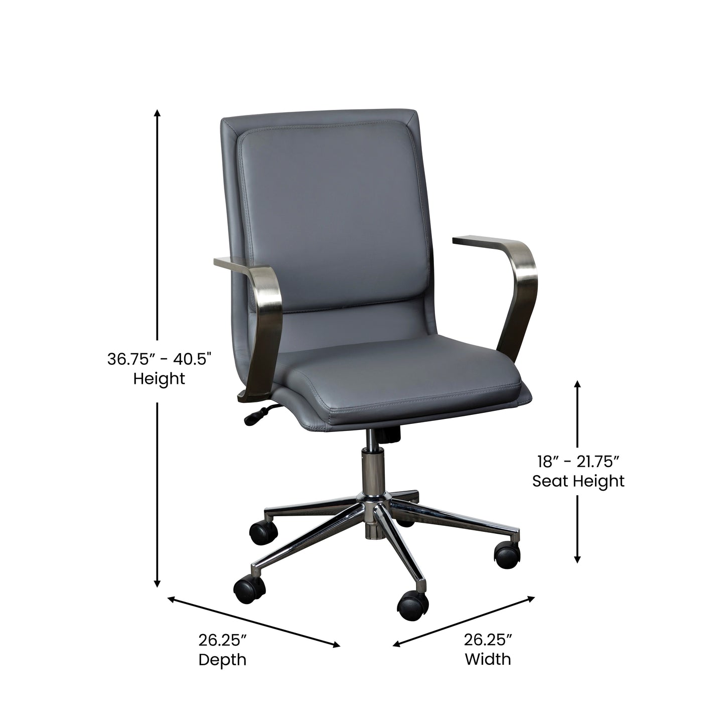 James Mid-Back Designer Executive LeatherSoft Office Chair with Brushed Chrome Base and Arms, Gray Gray LeatherSoft/Chrome Frame