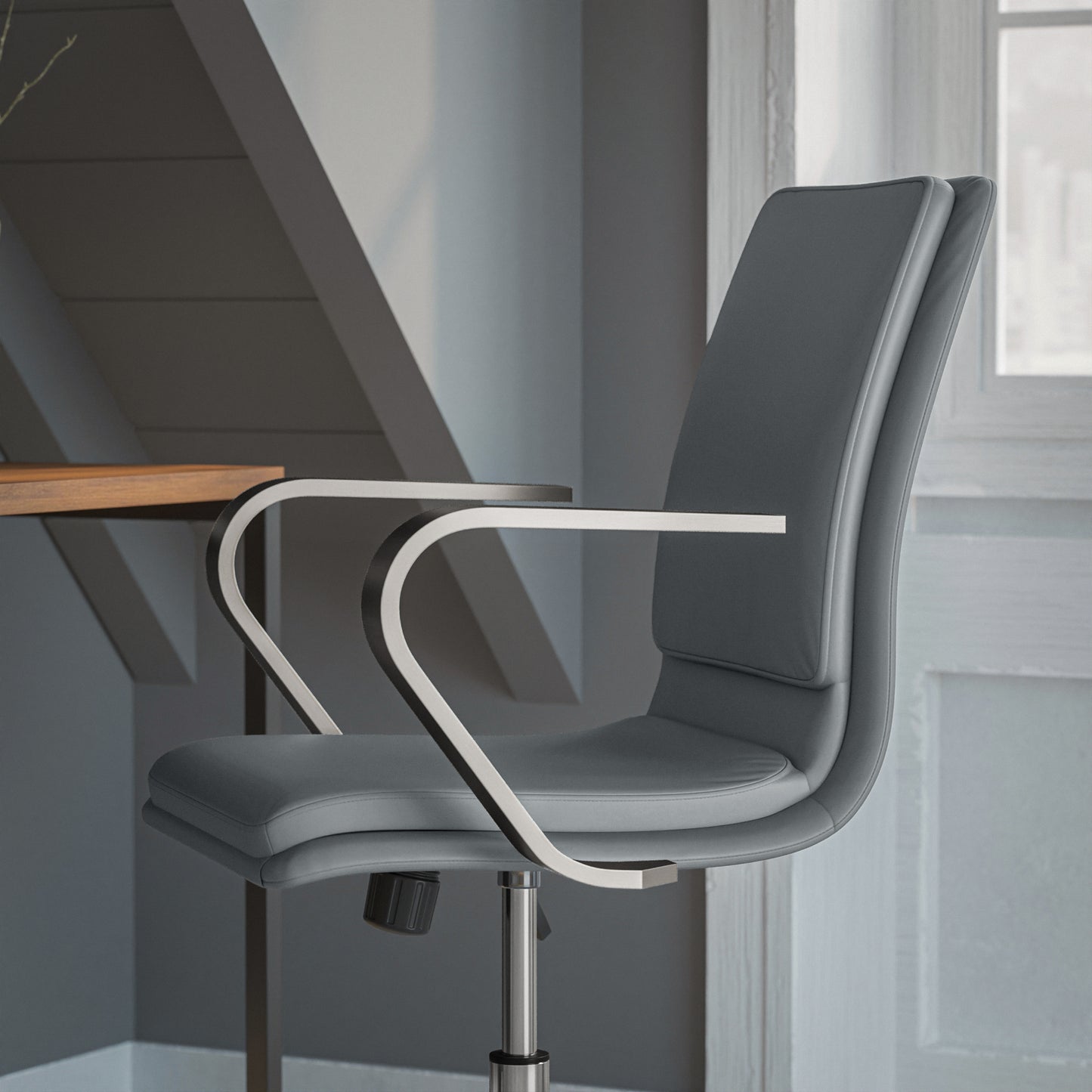 James Mid-Back Designer Executive LeatherSoft Office Chair with Brushed Chrome Base and Arms, Gray Gray LeatherSoft/Chrome Frame