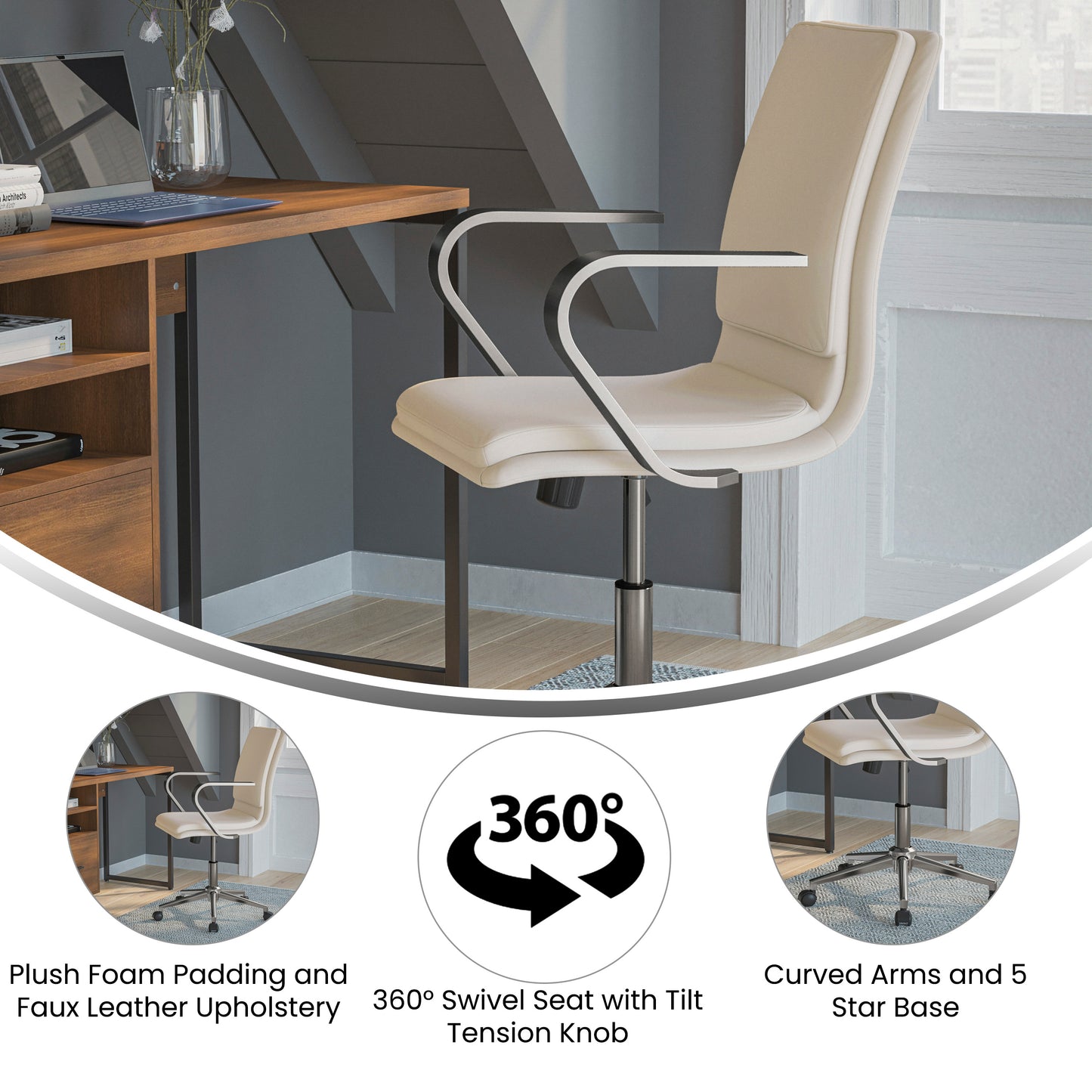 James Mid-Back Designer Executive LeatherSoft Office Chair with Brushed Chrome Base and Arms, Taupe Taupe LeatherSoft/Chrome Frame