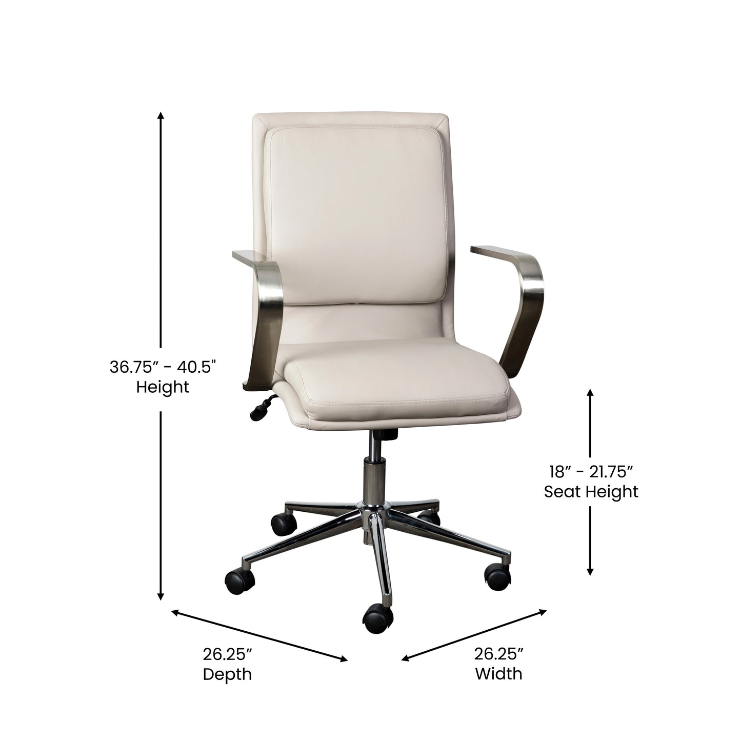 James Mid-Back Designer Executive LeatherSoft Office Chair with Brushed Chrome Base and Arms, Taupe Taupe LeatherSoft/Chrome Frame