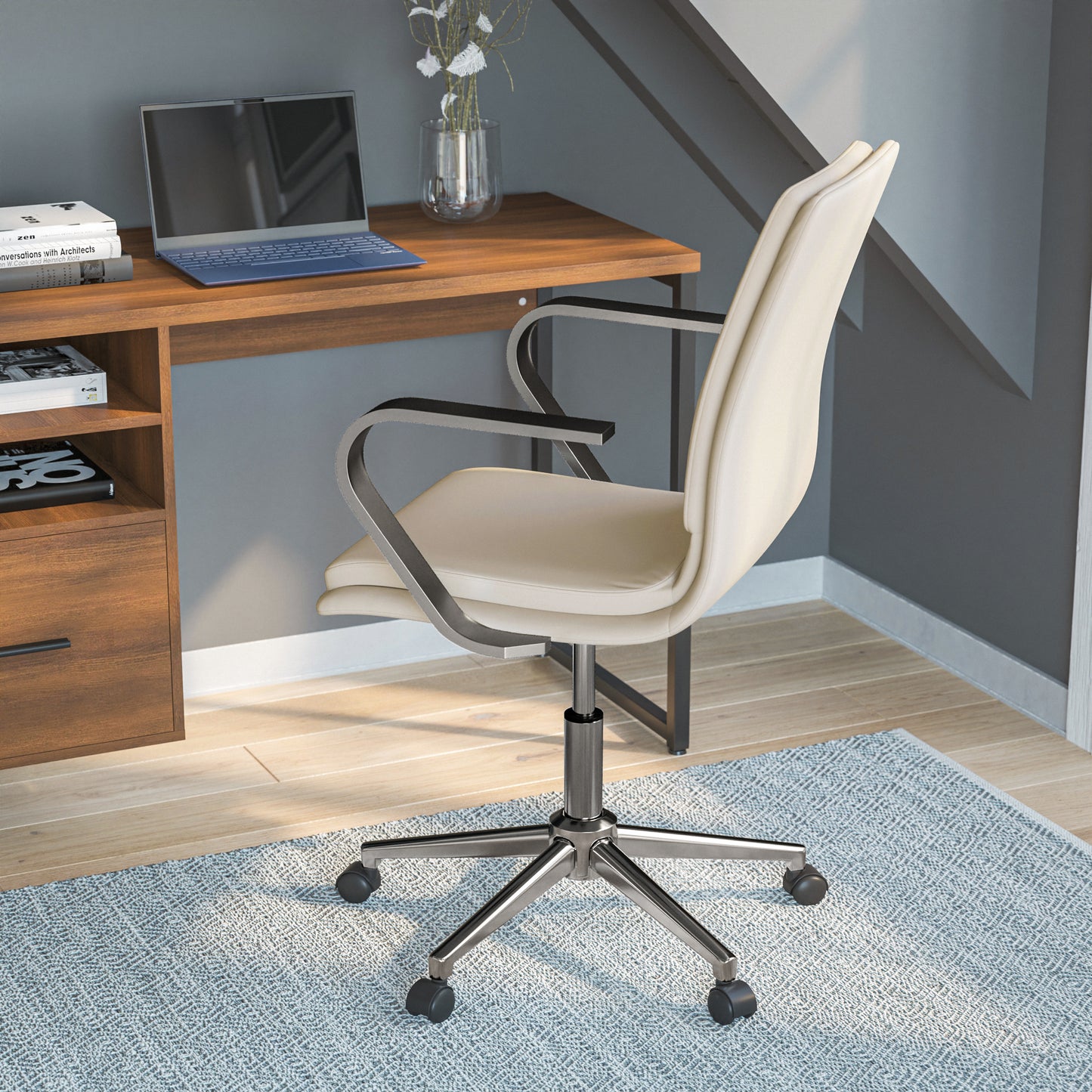 James Mid-Back Designer Executive LeatherSoft Office Chair with Brushed Chrome Base and Arms, Taupe Taupe LeatherSoft/Chrome Frame
