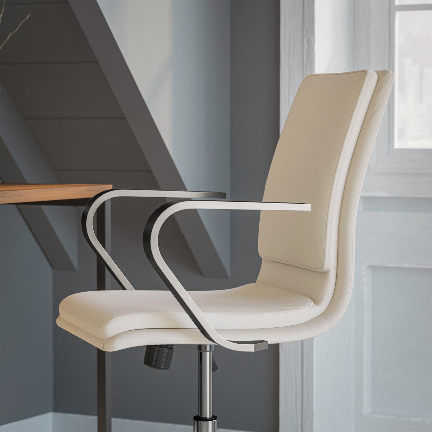 James Mid-Back Designer Executive LeatherSoft Office Chair with Brushed Chrome Base and Arms, Taupe Taupe LeatherSoft/Chrome Frame