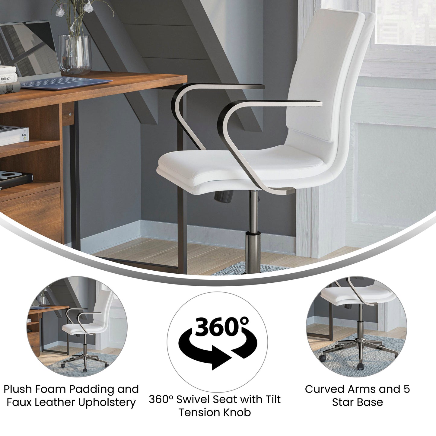 James Mid-Back Designer Executive LeatherSoft Office Chair with Brushed Chrome Base and Arms, White White LeatherSoft/Chrome Frame