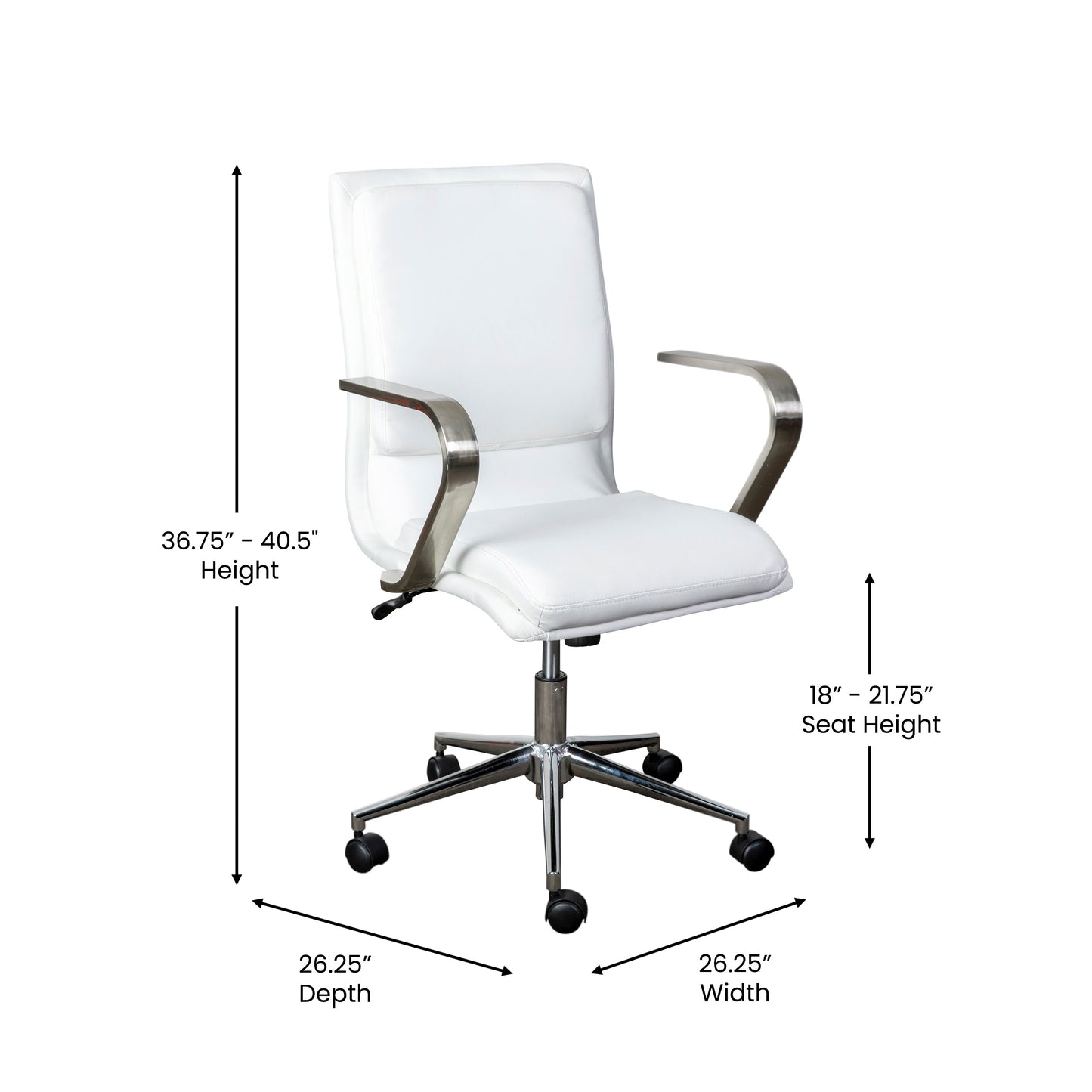 James Mid-Back Designer Executive LeatherSoft Office Chair with Brushed Chrome Base and Arms, White White LeatherSoft/Chrome Frame