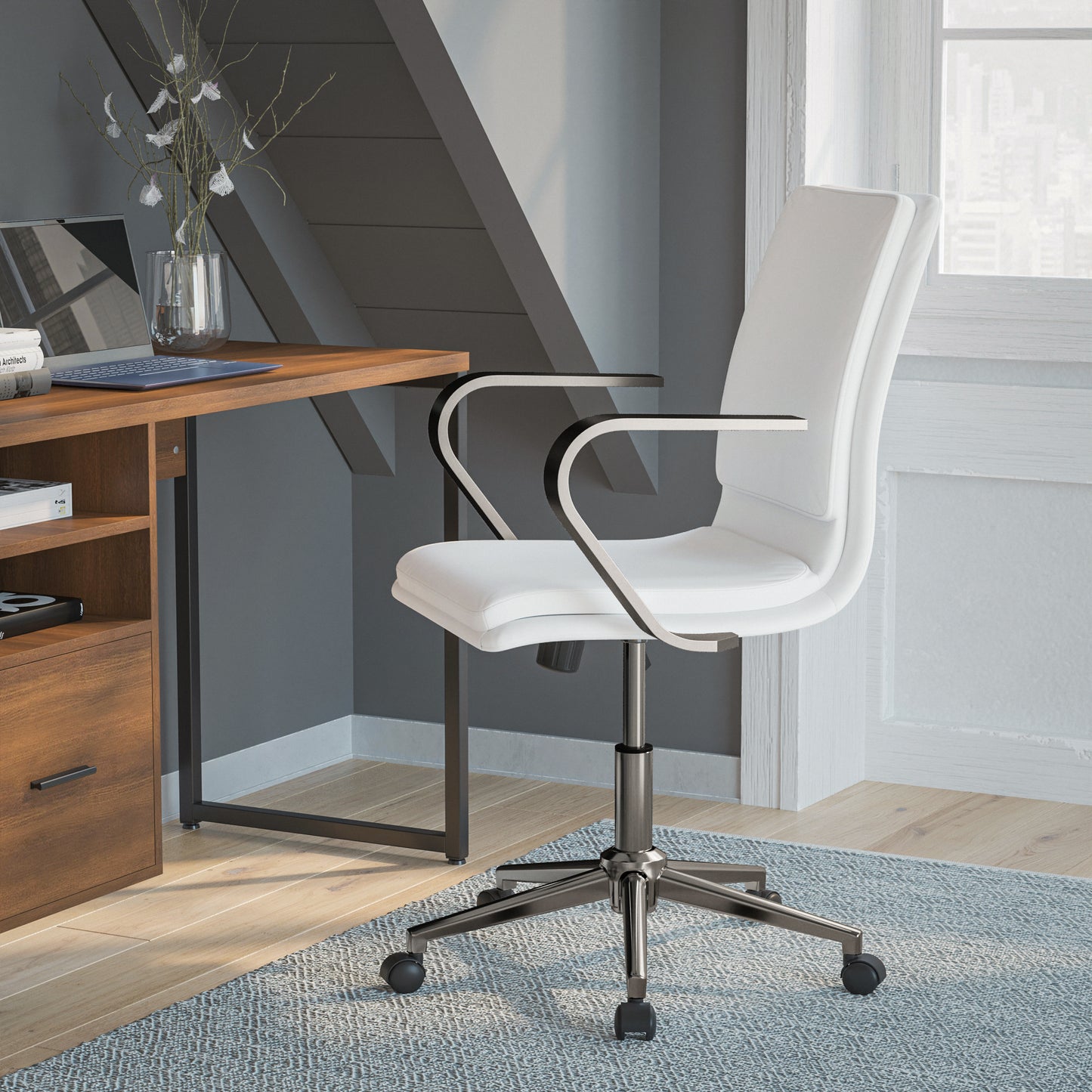 James Mid-Back Designer Executive LeatherSoft Office Chair with Brushed Chrome Base and Arms, White White LeatherSoft/Chrome Frame