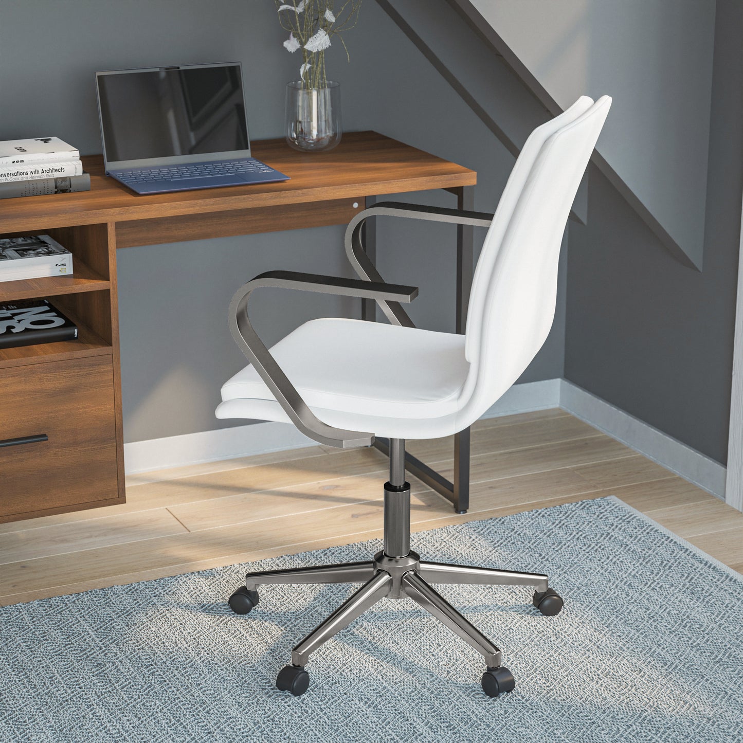 James Mid-Back Designer Executive LeatherSoft Office Chair with Brushed Chrome Base and Arms, White White LeatherSoft/Chrome Frame