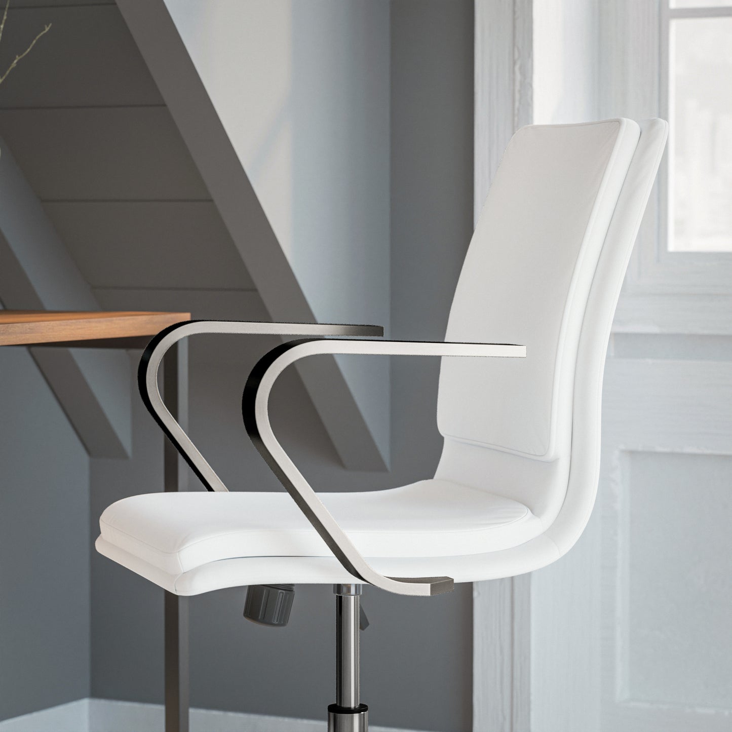 James Mid-Back Designer Executive LeatherSoft Office Chair with Brushed Chrome Base and Arms, White White LeatherSoft/Chrome Frame
