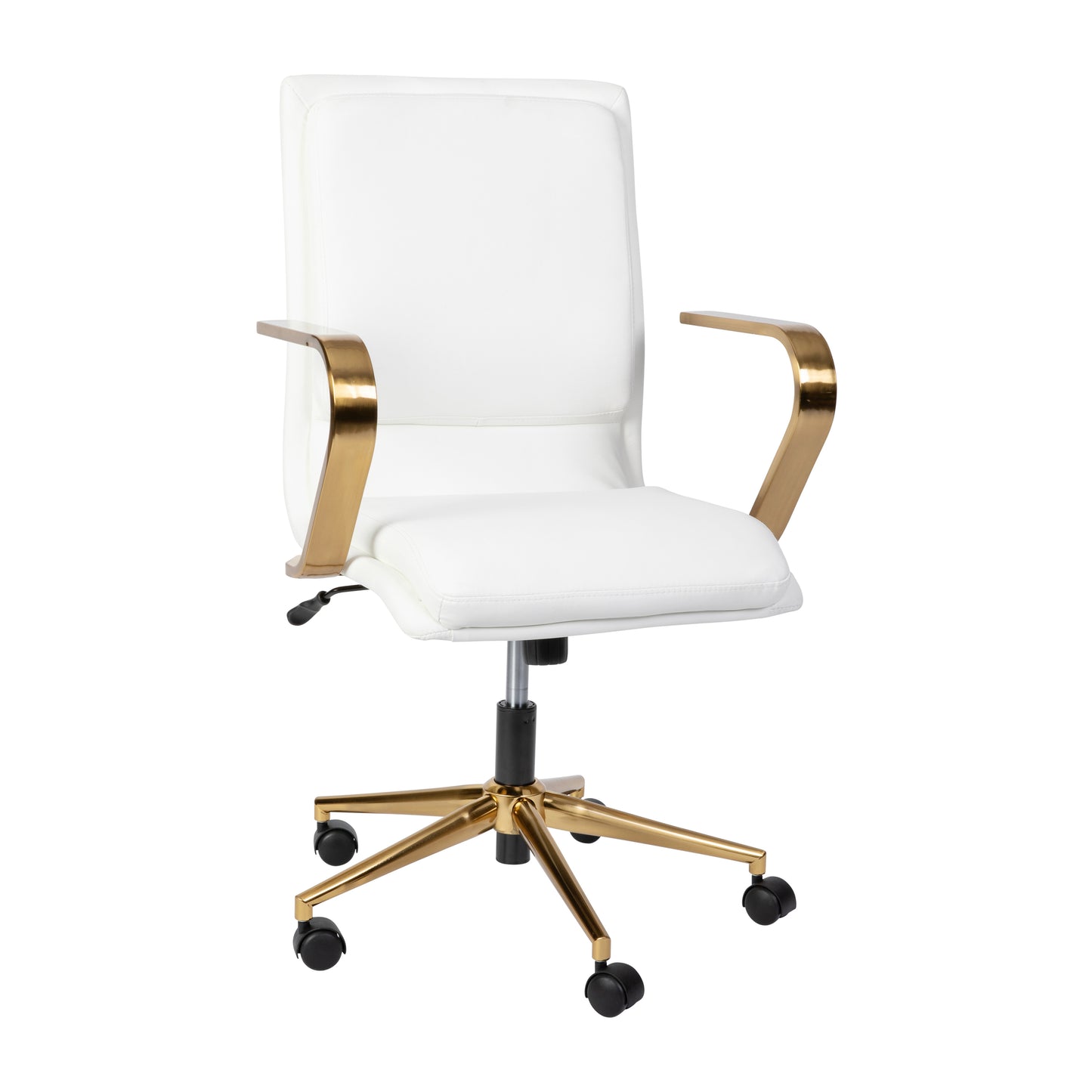 James Mid-Back Designer Executive LeatherSoft Office Chair with Brushed Gold Base and Arms, White White LeatherSoft/Gold Frame