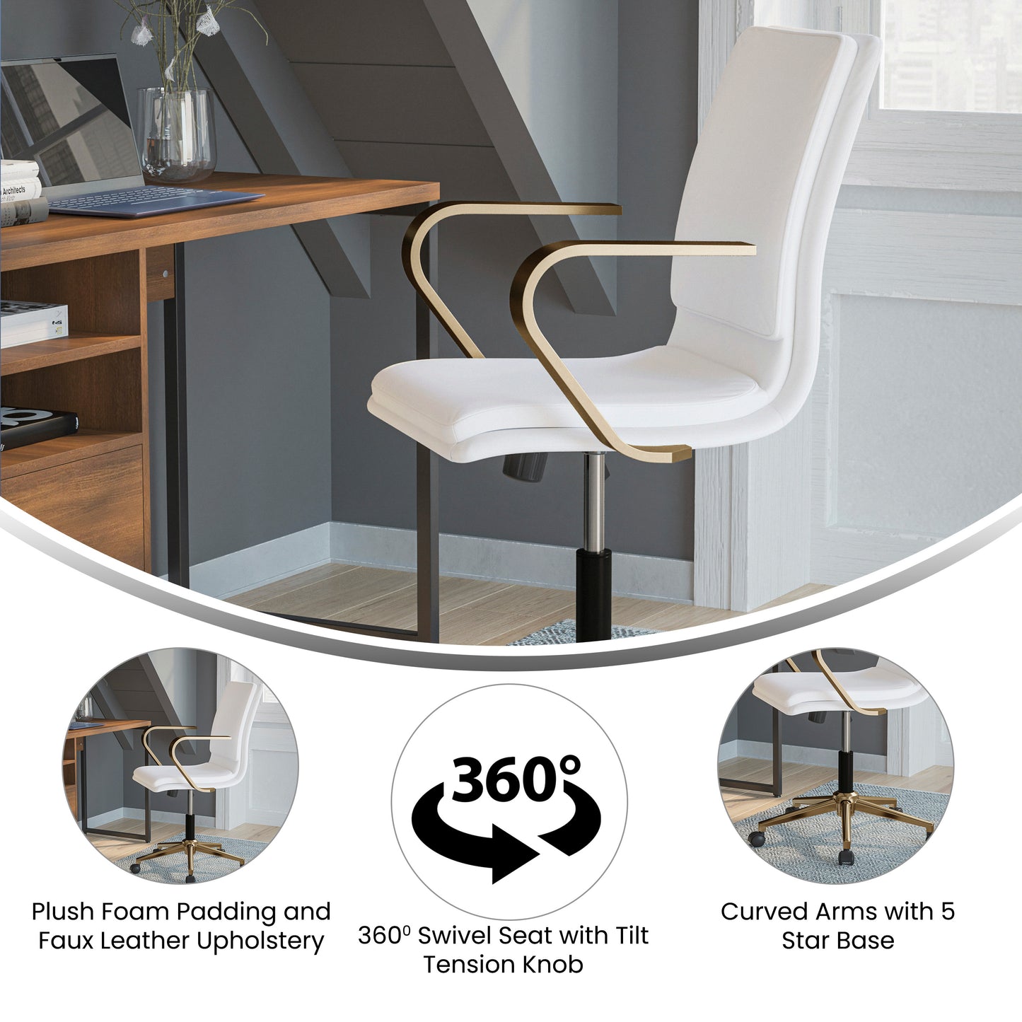 James Mid-Back Designer Executive LeatherSoft Office Chair with Brushed Gold Base and Arms, White White LeatherSoft/Gold Frame