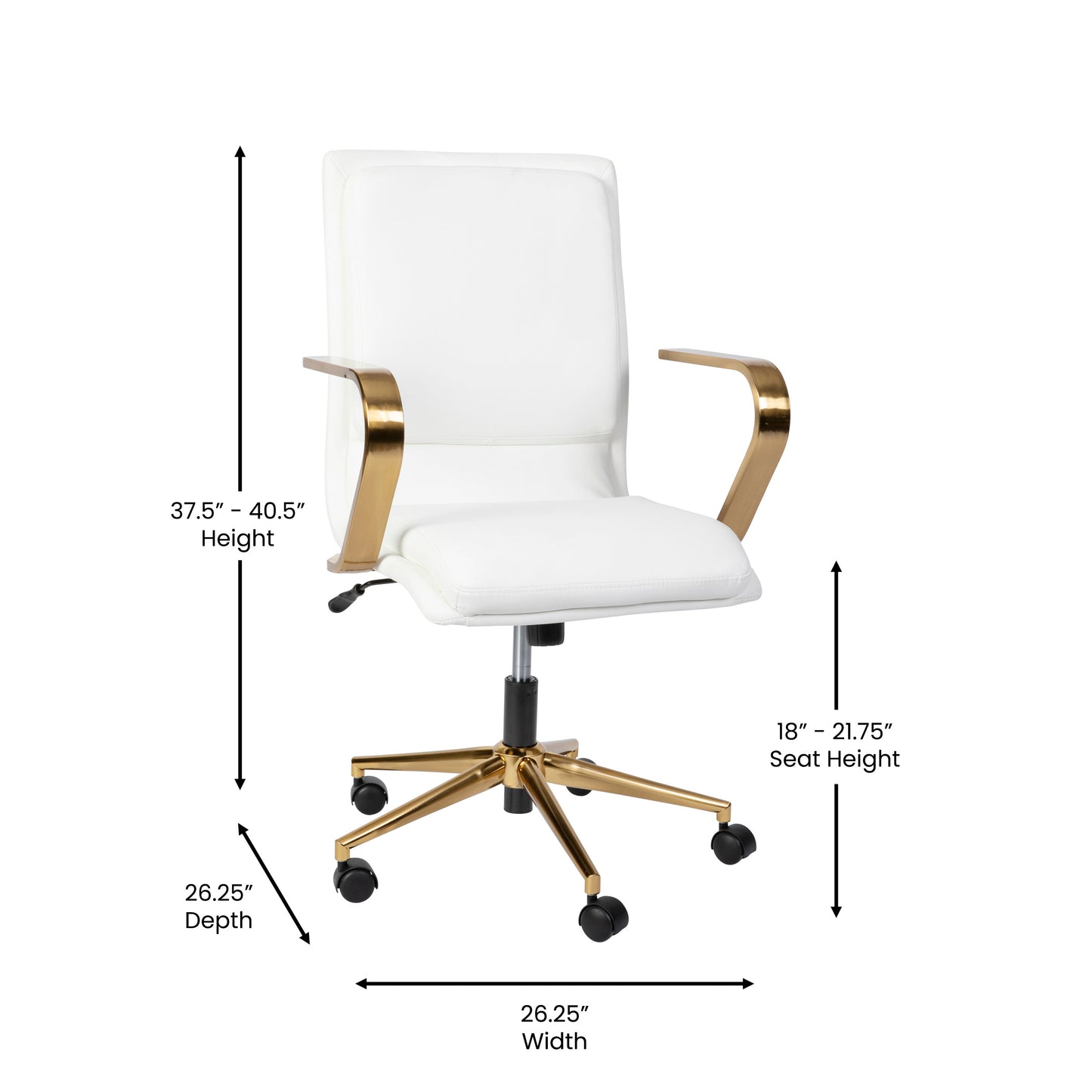 James Mid-Back Designer Executive LeatherSoft Office Chair with Brushed Gold Base and Arms, White White LeatherSoft/Gold Frame