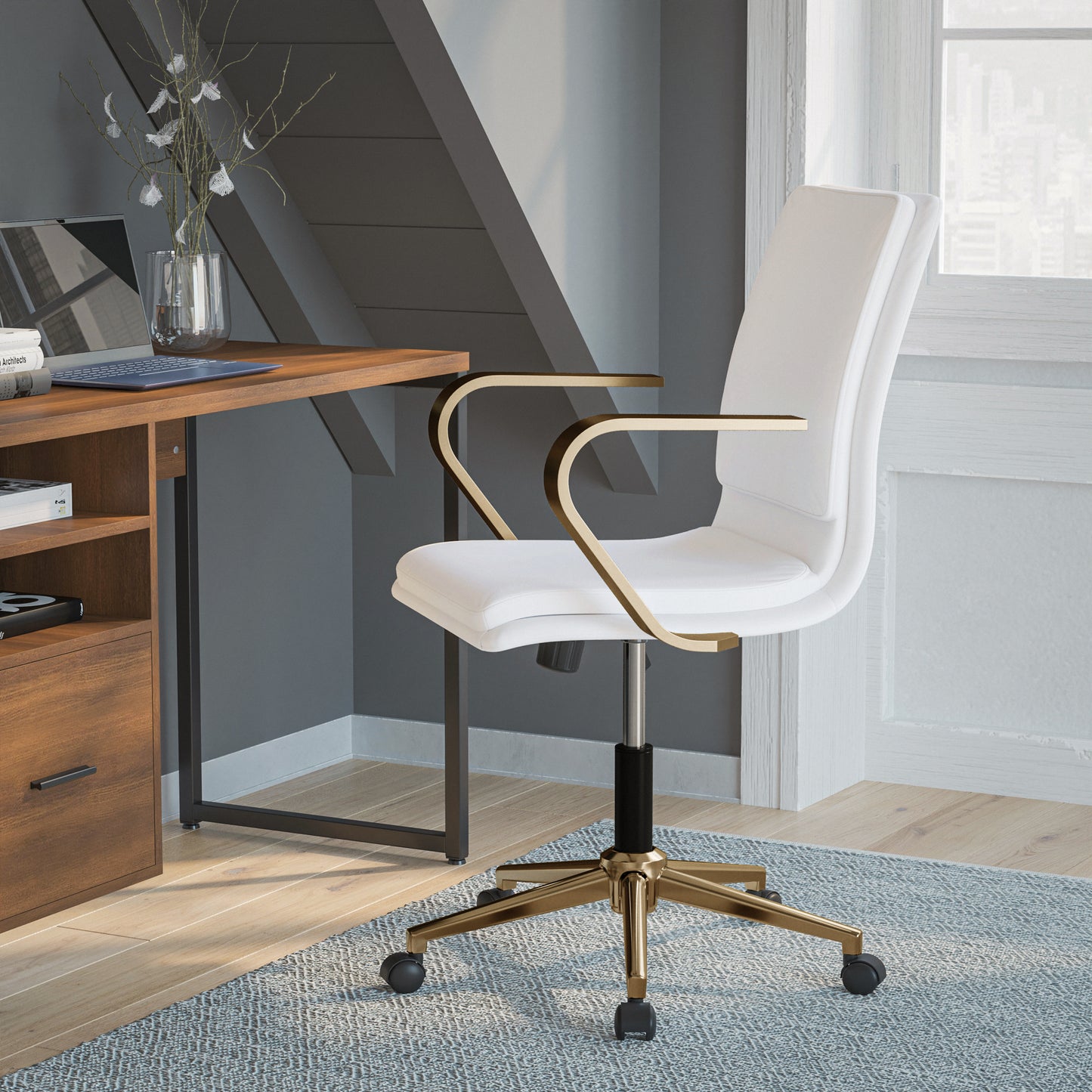 James Mid-Back Designer Executive LeatherSoft Office Chair with Brushed Gold Base and Arms, White White LeatherSoft/Gold Frame