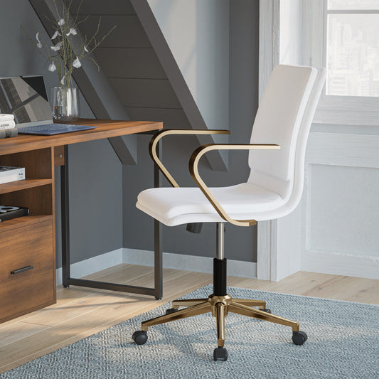 James Mid-Back Designer Executive LeatherSoft Office Chair with Brushed Gold Base and Arms, White White LeatherSoft/Gold Frame GO-21111B-WH-GLD-GG