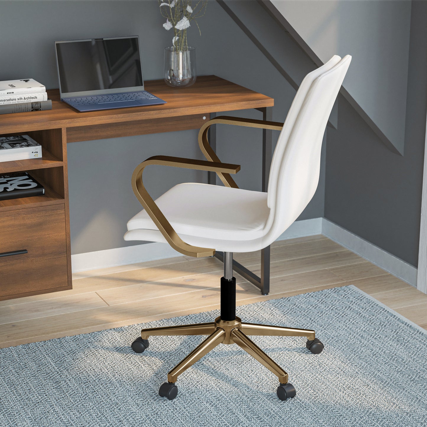 James Mid-Back Designer Executive LeatherSoft Office Chair with Brushed Gold Base and Arms, White White LeatherSoft/Gold Frame
