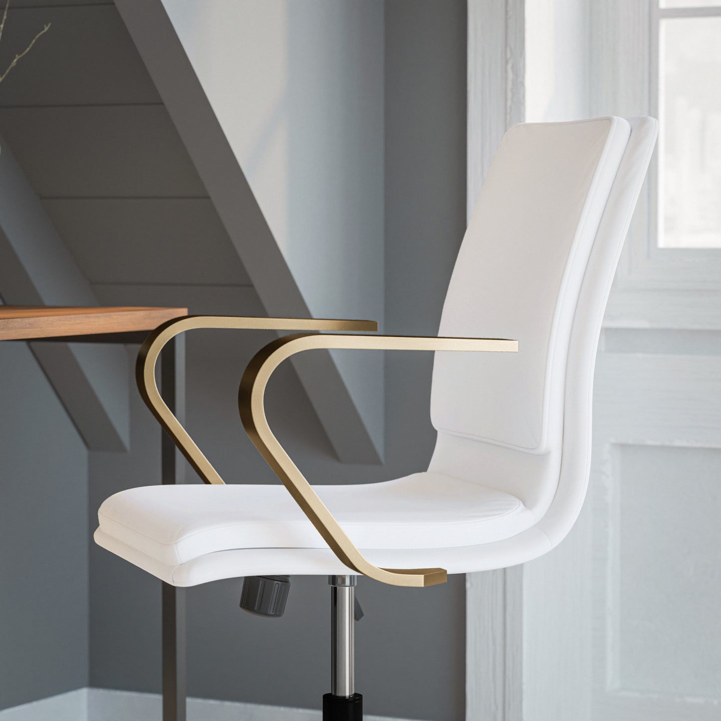 James Mid-Back Designer Executive LeatherSoft Office Chair with Brushed Gold Base and Arms, White White LeatherSoft/Gold Frame