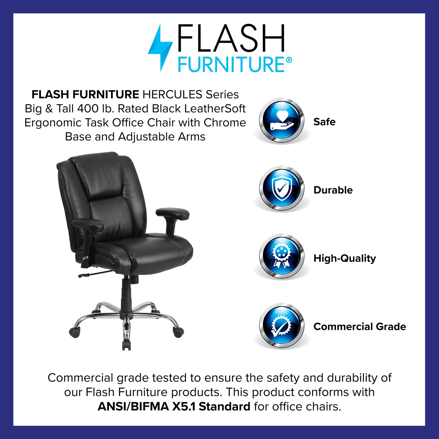 HERCULES Series Big & Tall 400 lb. Rated Black LeatherSoft Ergonomic Task Office Chair with Chrome Base and Adjustable Arms Black