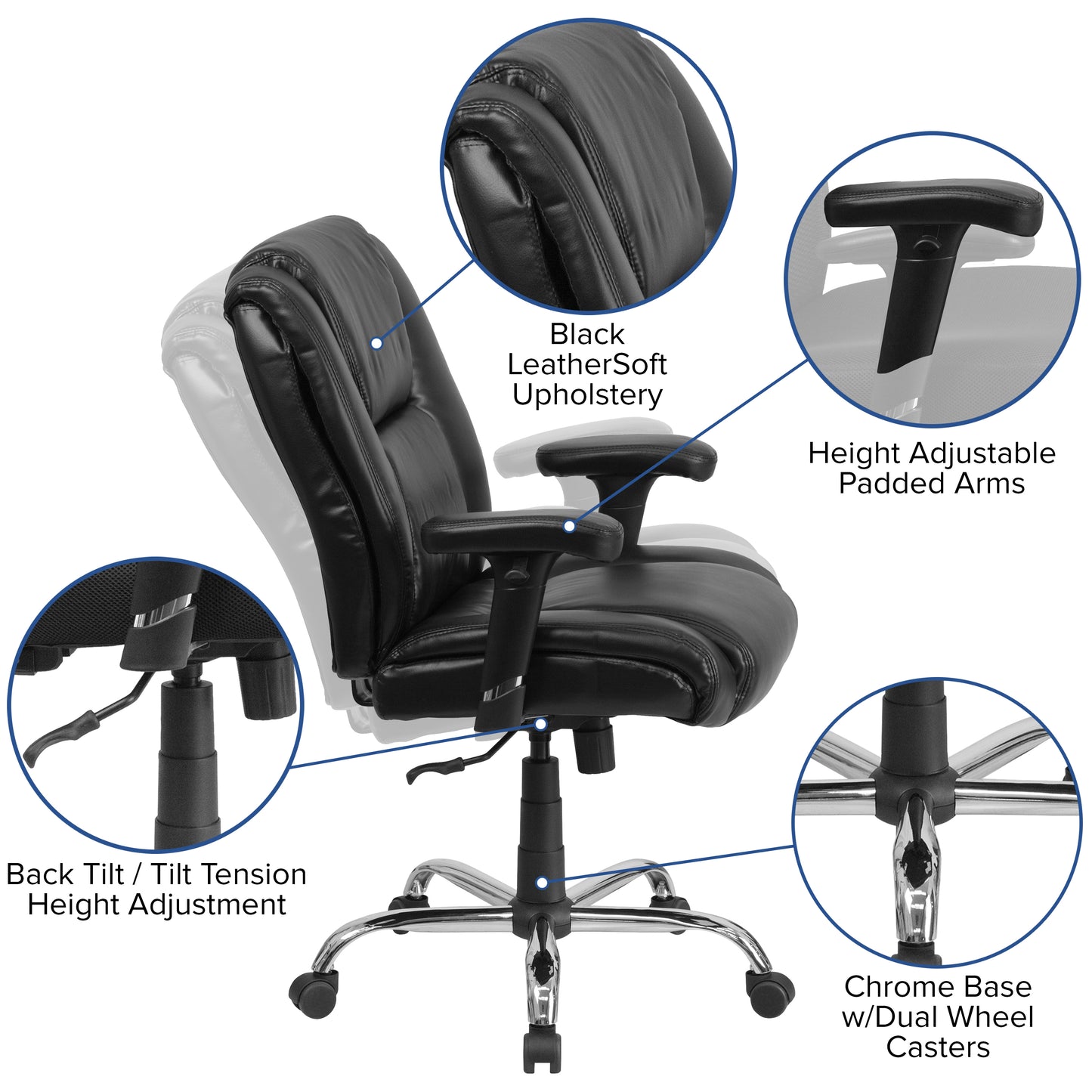 HERCULES Series Big & Tall 400 lb. Rated Black LeatherSoft Ergonomic Task Office Chair with Chrome Base and Adjustable Arms Black