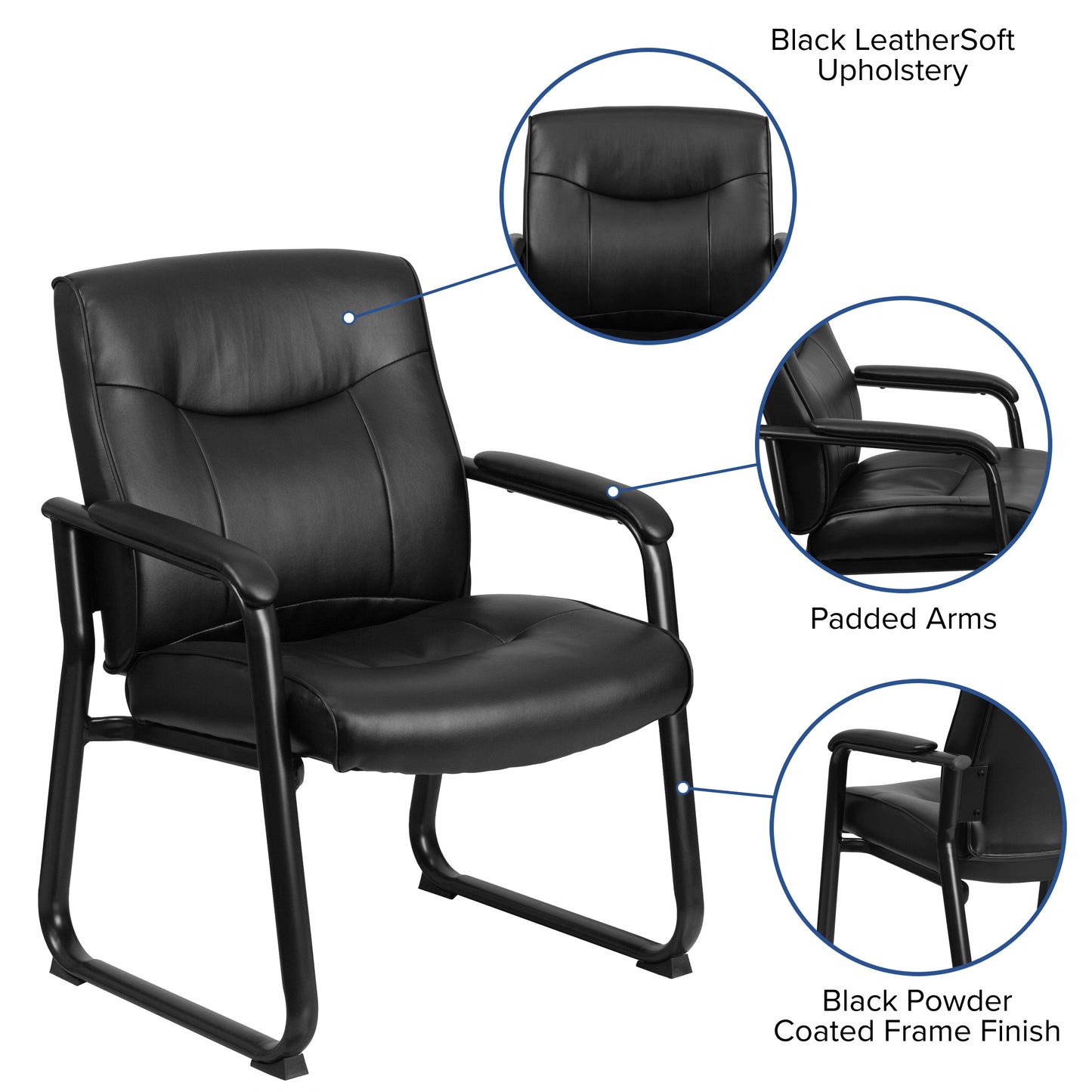 HERCULES Series Big & Tall 500 lb. Rated Black LeatherSoft Executive Side Reception Chair with Sled Base Black