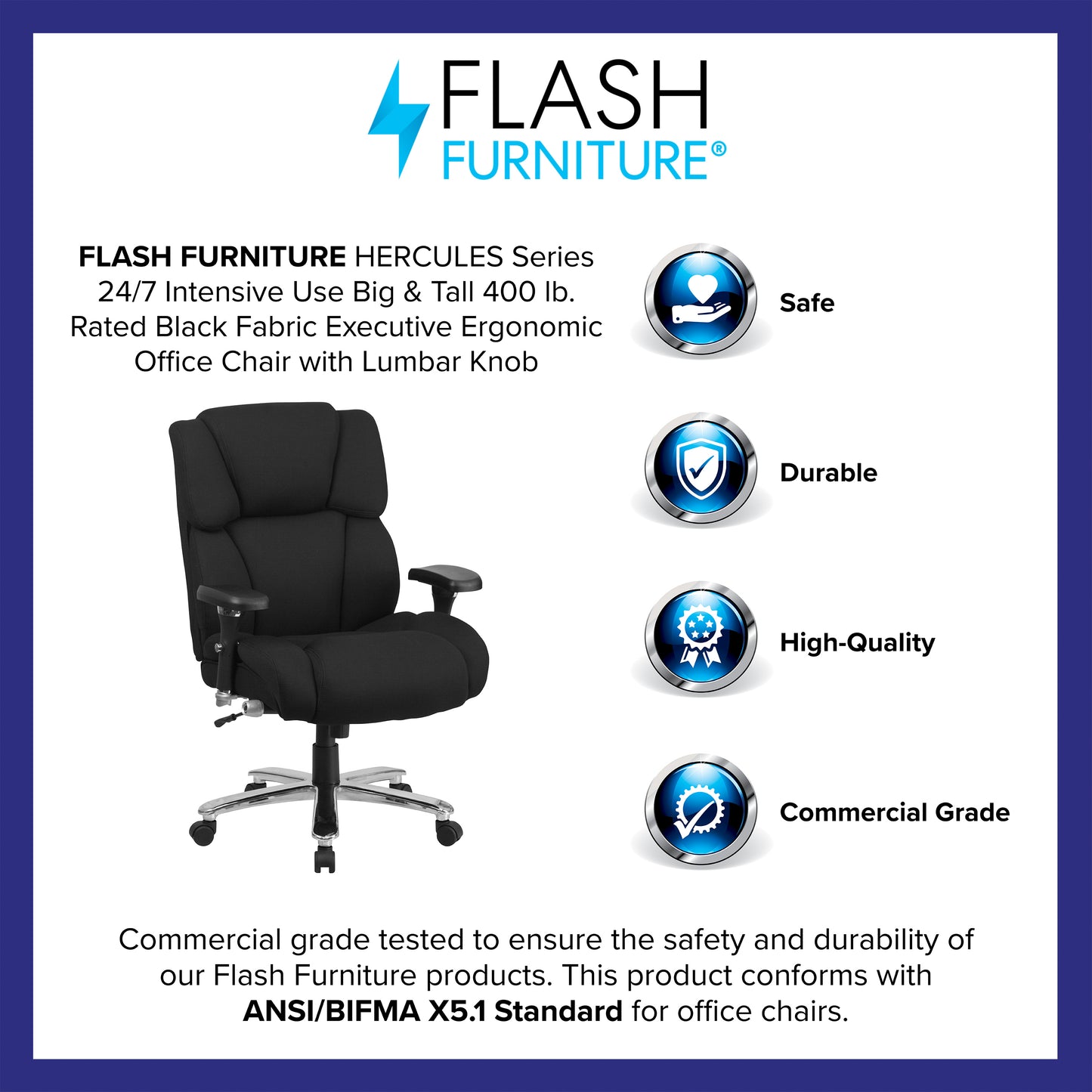 HERCULES Series 24/7 Intensive Use Big & Tall 400 lb. Rated Black Fabric Executive Ergonomic Office Chair with Lumbar Knob Black Fabric