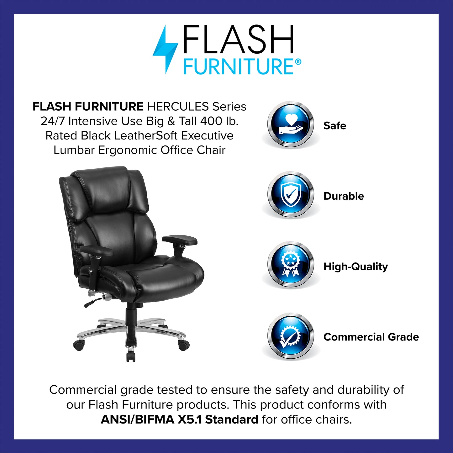 HERCULES Series 24/7 Intensive Use Big & Tall 400 lb. Rated Black LeatherSoft Executive Lumbar Ergonomic Office Chair Black LeatherSoft