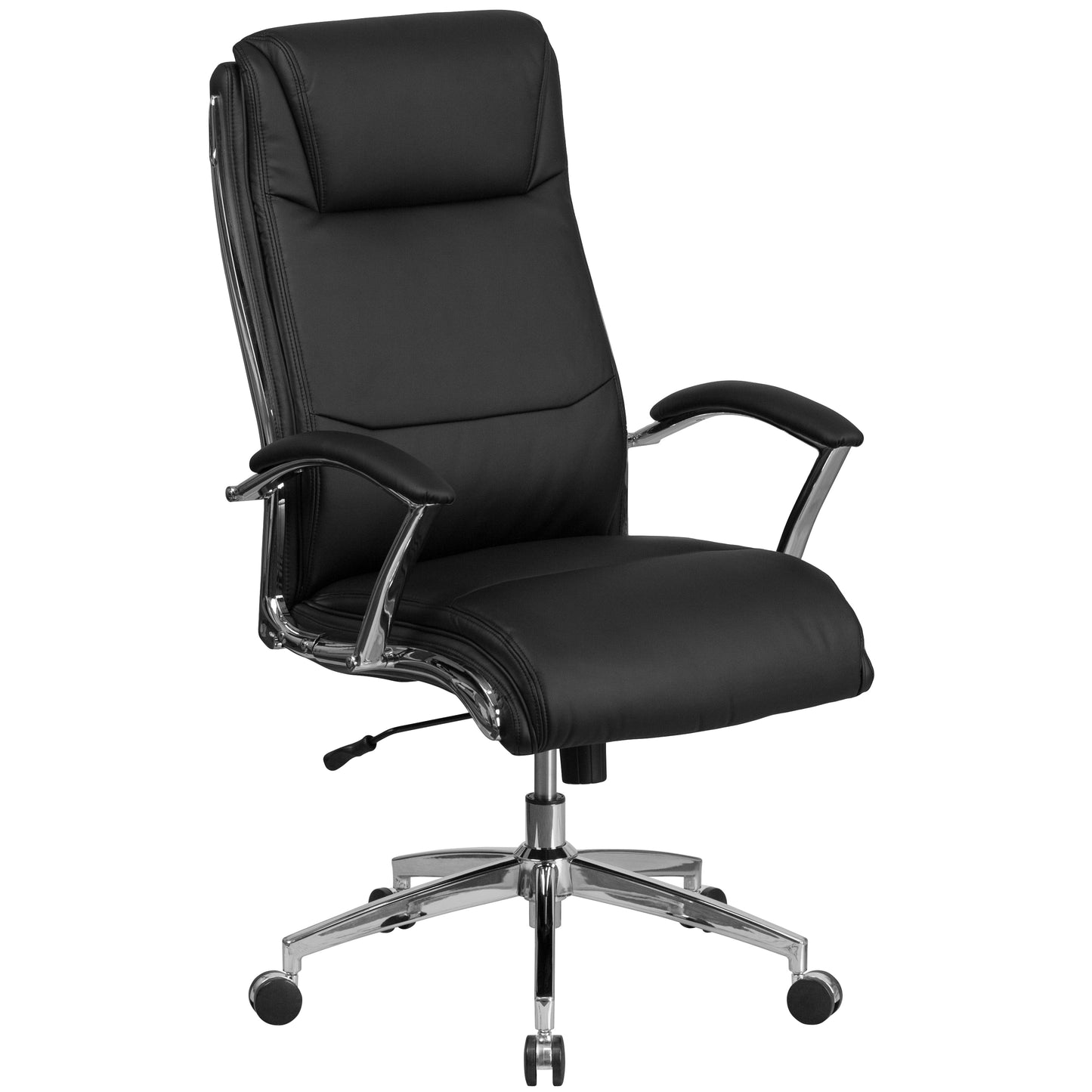 Rebecca High Back Designer Black LeatherSoft Smooth Upholstered Executive Swivel Office Chair with Chrome Base and Arms Black