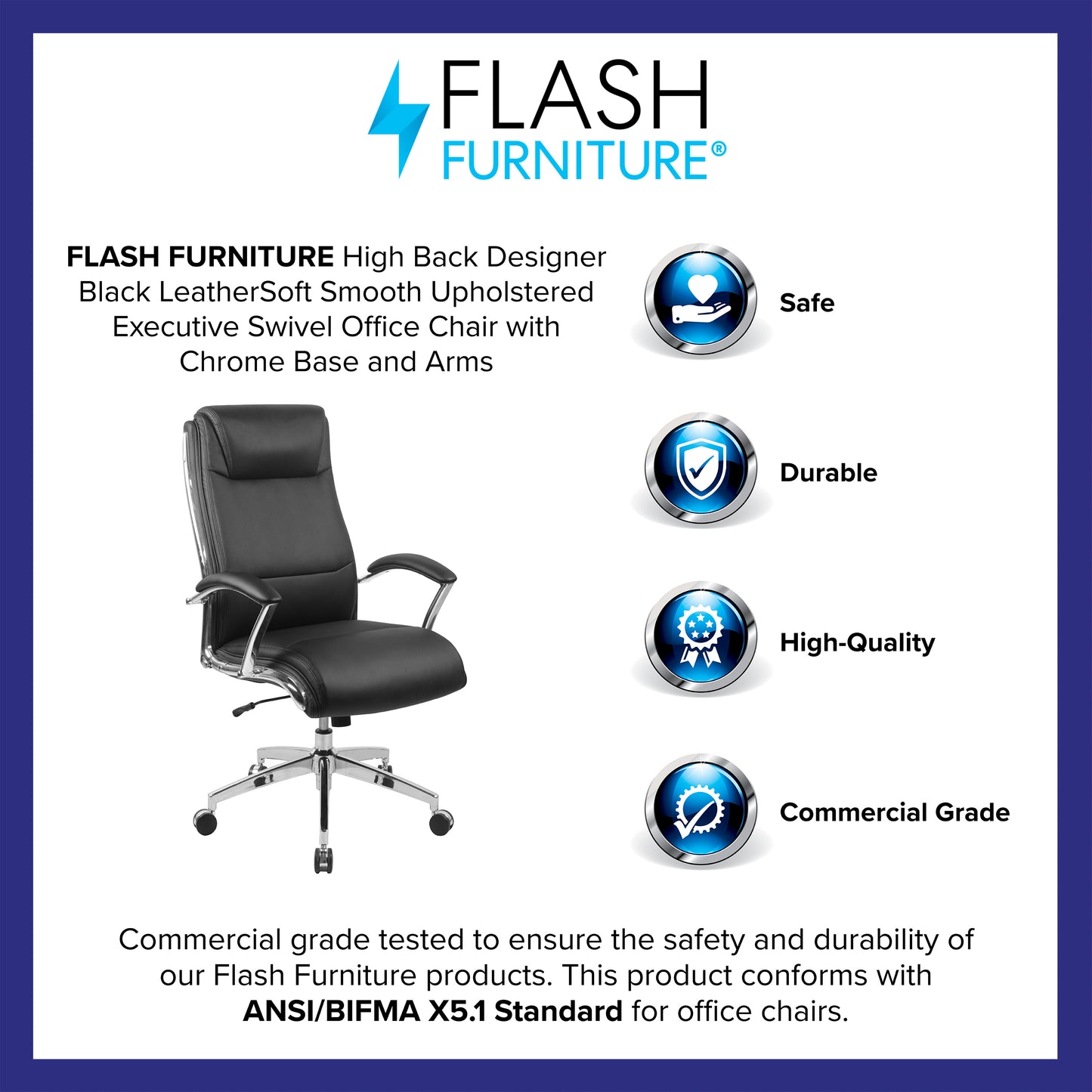 Rebecca High Back Designer Black LeatherSoft Smooth Upholstered Executive Swivel Office Chair with Chrome Base and Arms Black