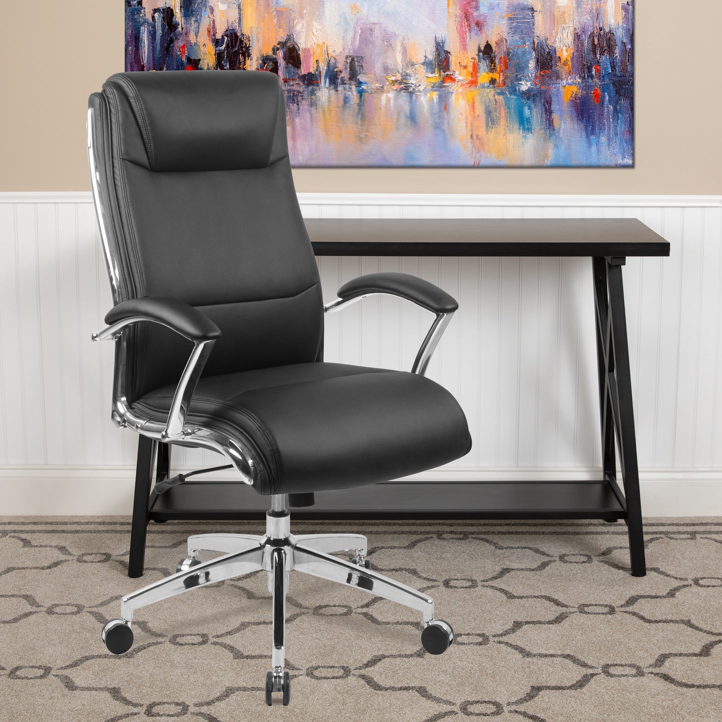 Rebecca High Back Designer Black LeatherSoft Smooth Upholstered Executive Swivel Office Chair with Chrome Base and Arms Black