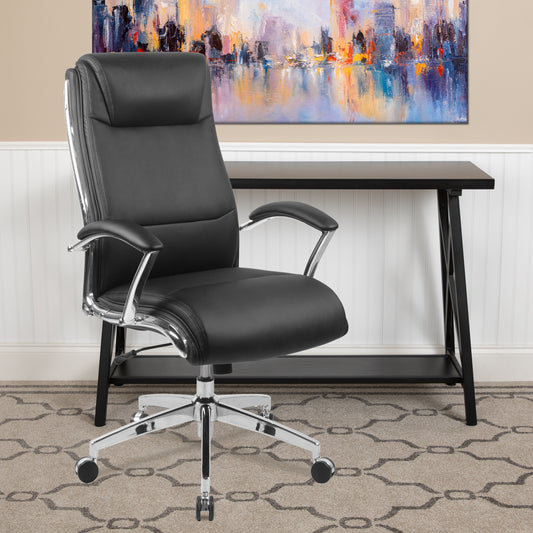 Rebecca High Back Designer Black LeatherSoft Smooth Upholstered Executive Swivel Office Chair with Chrome Base and Arms Black GO-2192-BK-GG