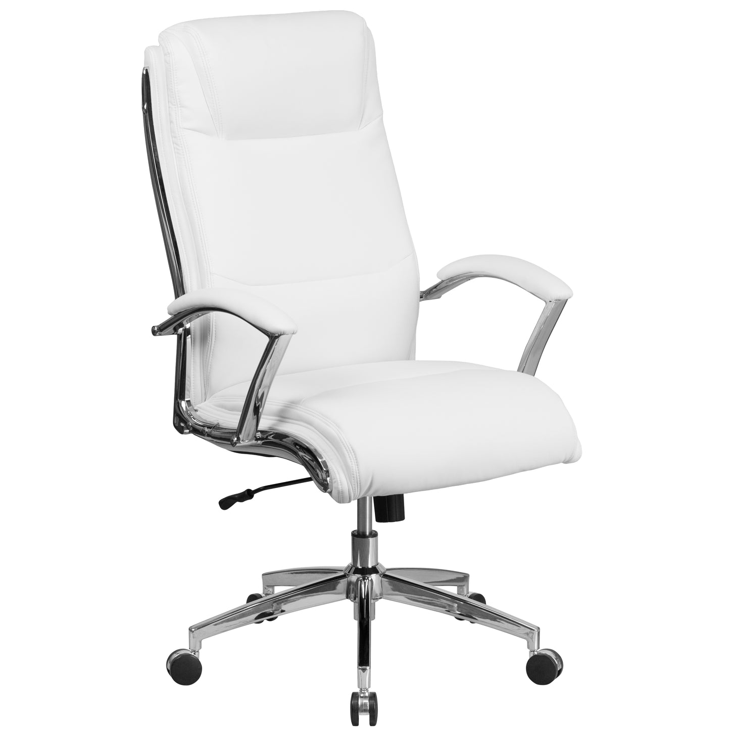 Rebecca High Back Designer White LeatherSoft Smooth Upholstered Executive Swivel Office Chair with Chrome Base and Arms White