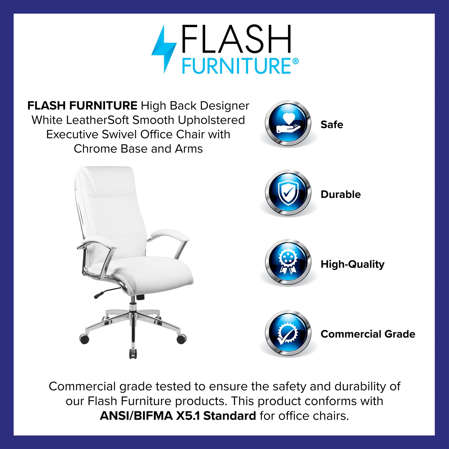 Rebecca High Back Designer White LeatherSoft Smooth Upholstered Executive Swivel Office Chair with Chrome Base and Arms White